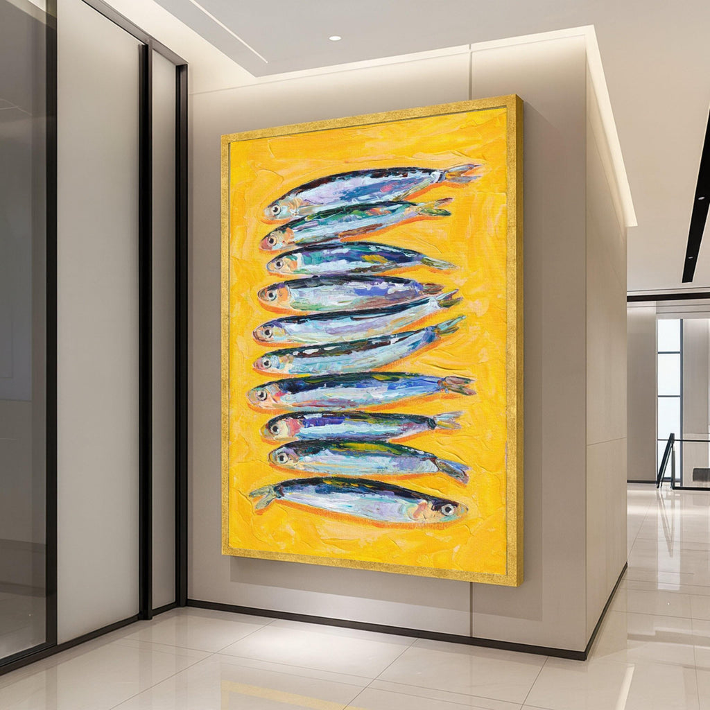 Colorful Sardines Painting Canvas, Vibrant Fish Wall Art, Nautical Kitchen Decor, Coastal Canvas Art, Bright Yellow Ready To Hang,