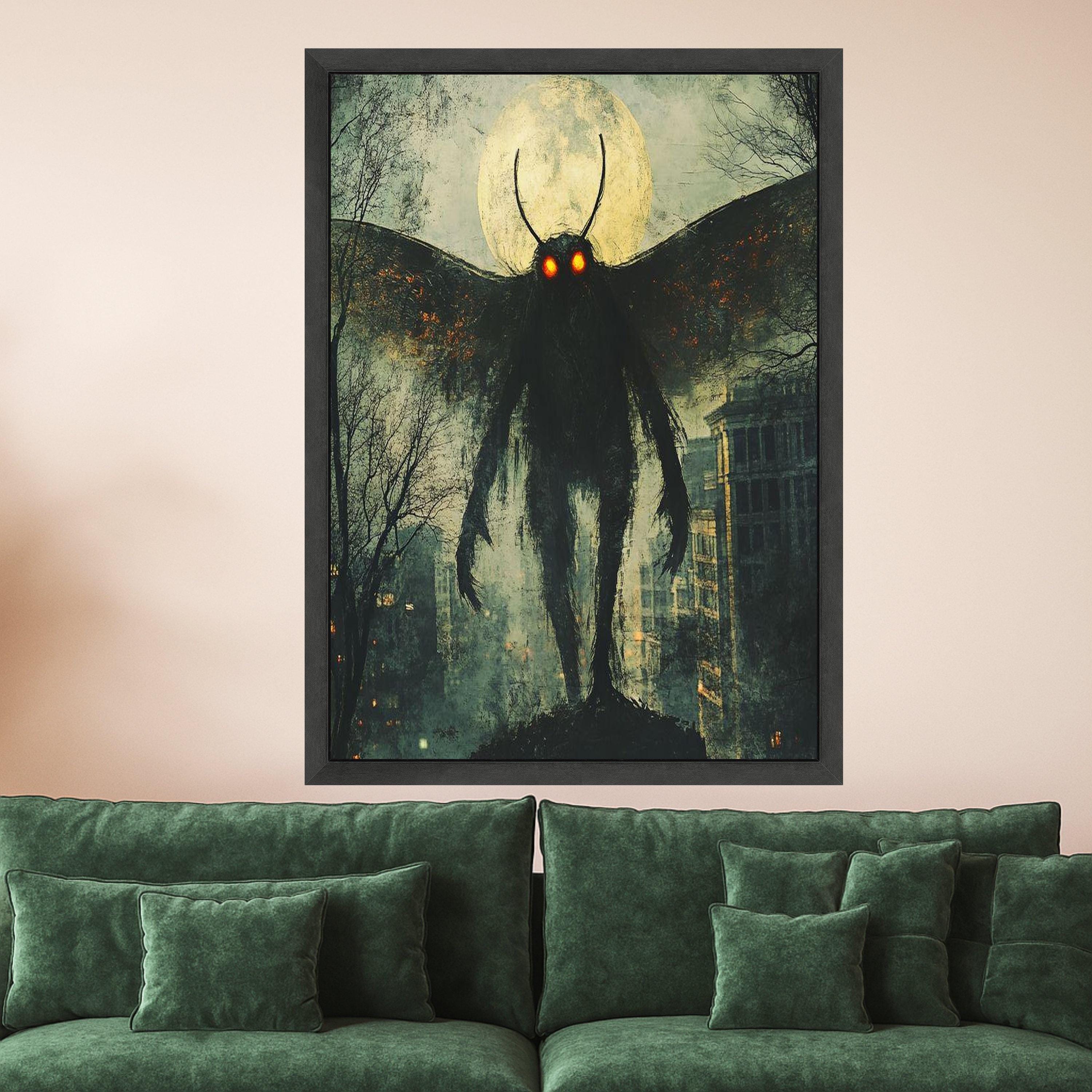 Mothman Legend Canvas Wall Art, Urban Myth Creature Illustration, Glowing Eyes Nightscape, Haunted Cityscape Wall Decor, Dark Ready To Hang,