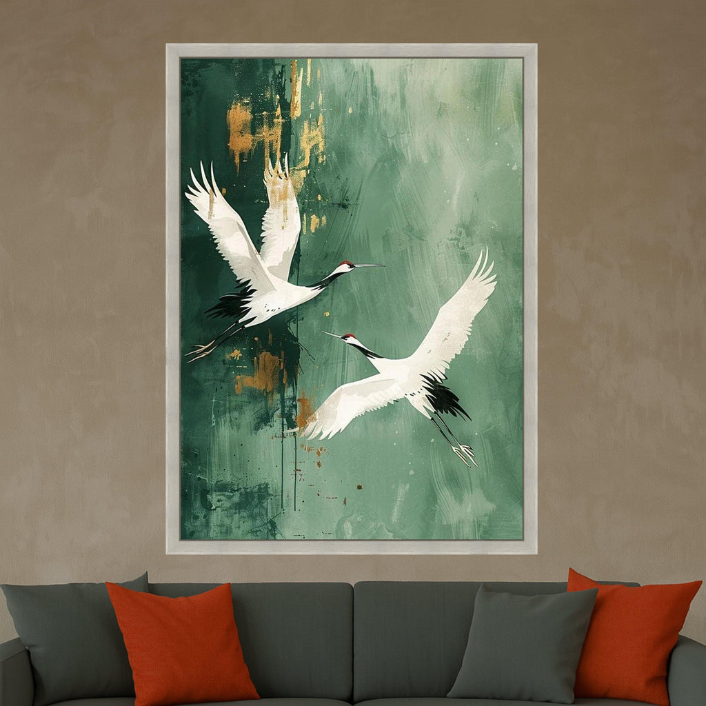 Elegant Flying Cranes Canvas Wall Art, Abstract Nature Bird Painting, Green and Gold Home Decor, Modern Wildlife Artwork, Ready To Hang,