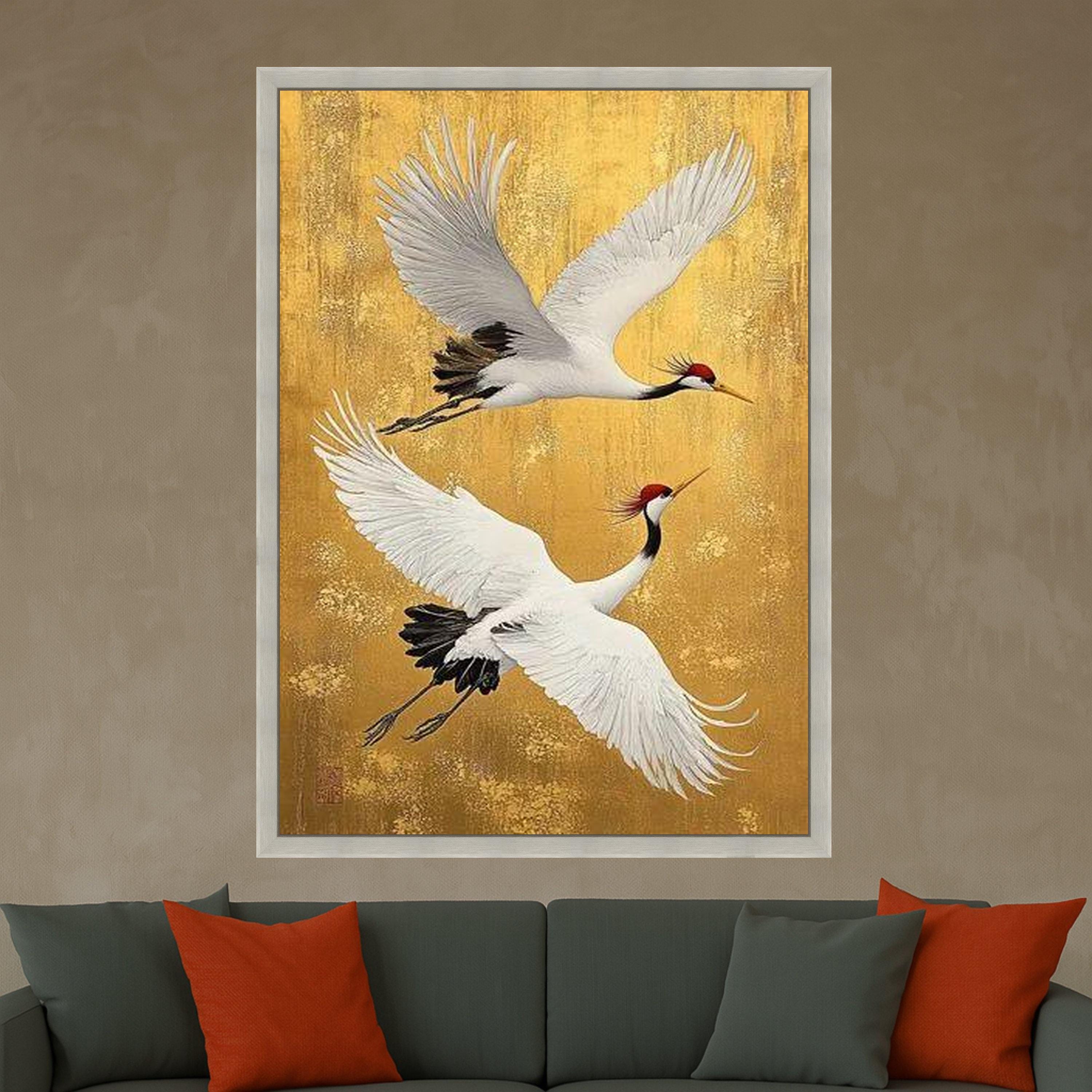 Elegant Red Crowned Cranes Canvas, Flying Bird Wall Art, Golden Background Canvas, Asian Inspired Wildlife Art, Nature Home Ready To Hang,