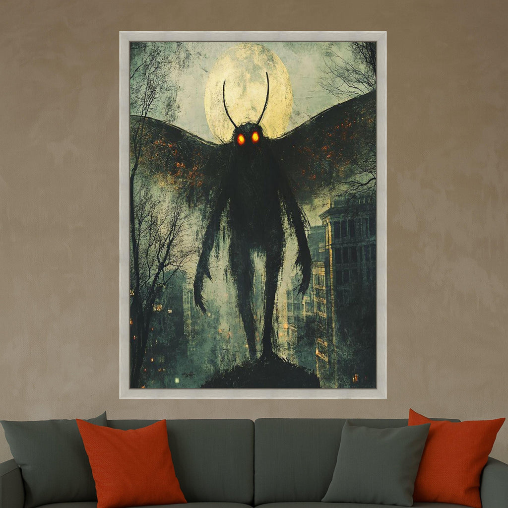 Mothman Legend Canvas Wall Art, Urban Myth Creature Illustration, Glowing Eyes Nightscape, Haunted Cityscape Wall Decor, Dark Ready To Hang,