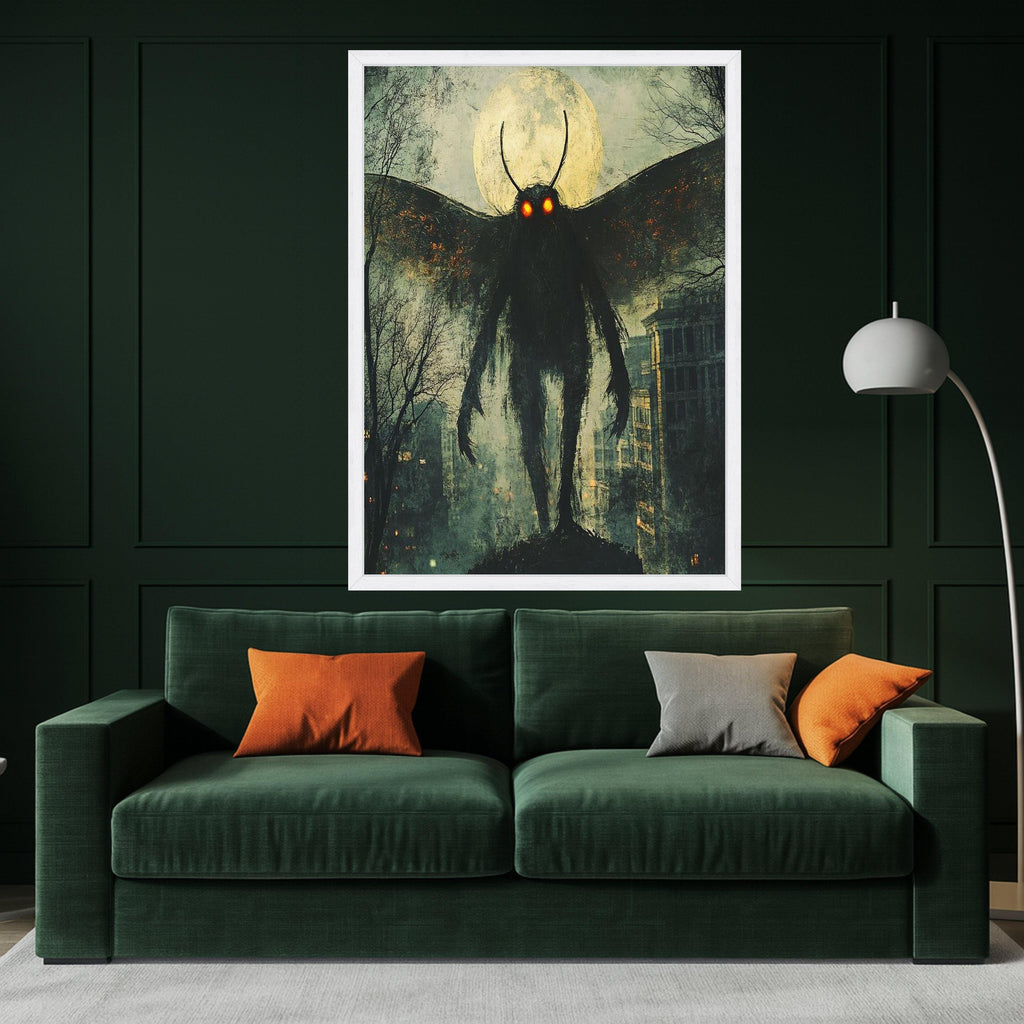Mothman Legend Canvas Wall Art, Urban Myth Creature Illustration, Glowing Eyes Nightscape, Haunted Cityscape Wall Decor, Dark Ready To Hang,
