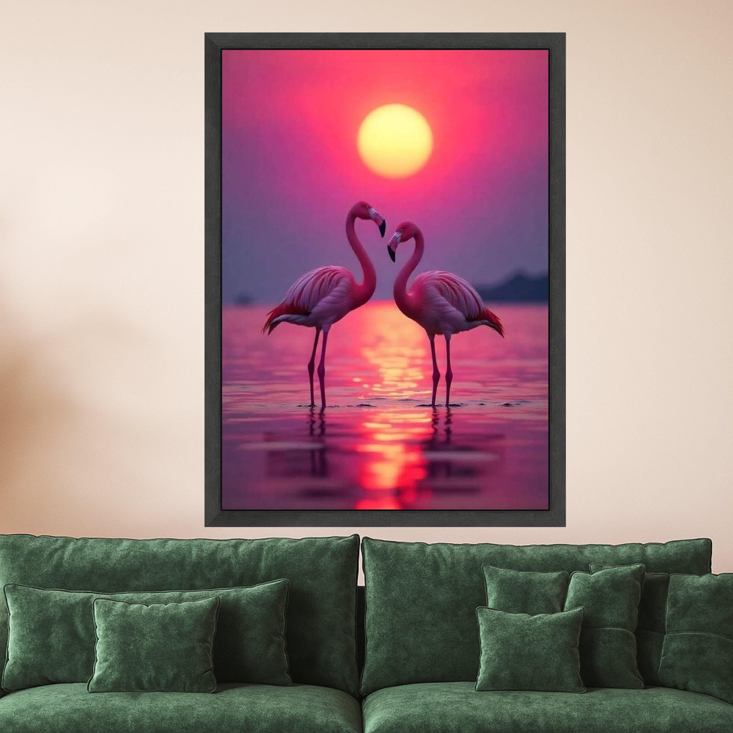 Romantic Flamingo Sunset Canvas, Tropical Birds Wall Art, Pink Nature Landscape, Lake Reflection Canvas, Wildlife Decor, Ready To Hang,