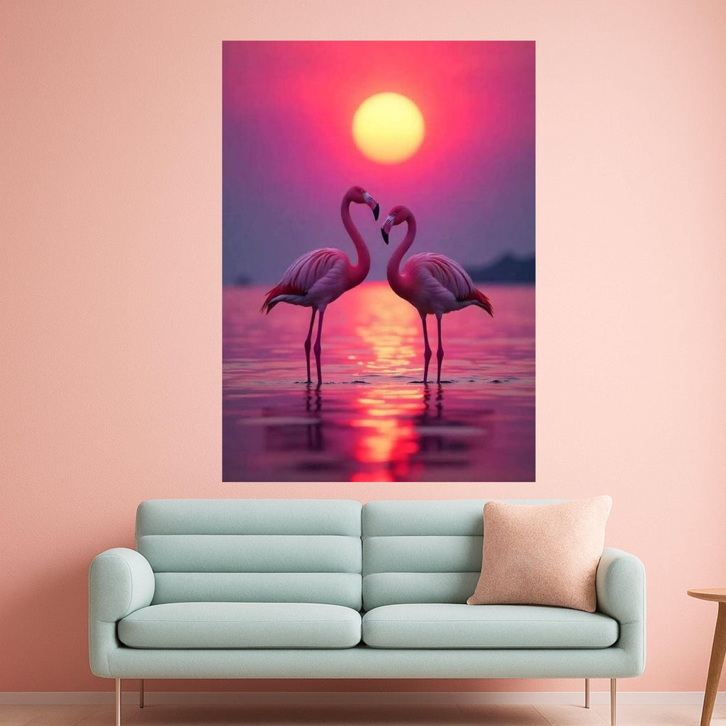 Romantic Flamingo Sunset Canvas, Tropical Birds Wall Art, Pink Nature Landscape, Lake Reflection Canvas, Wildlife Decor, Ready To Hang,