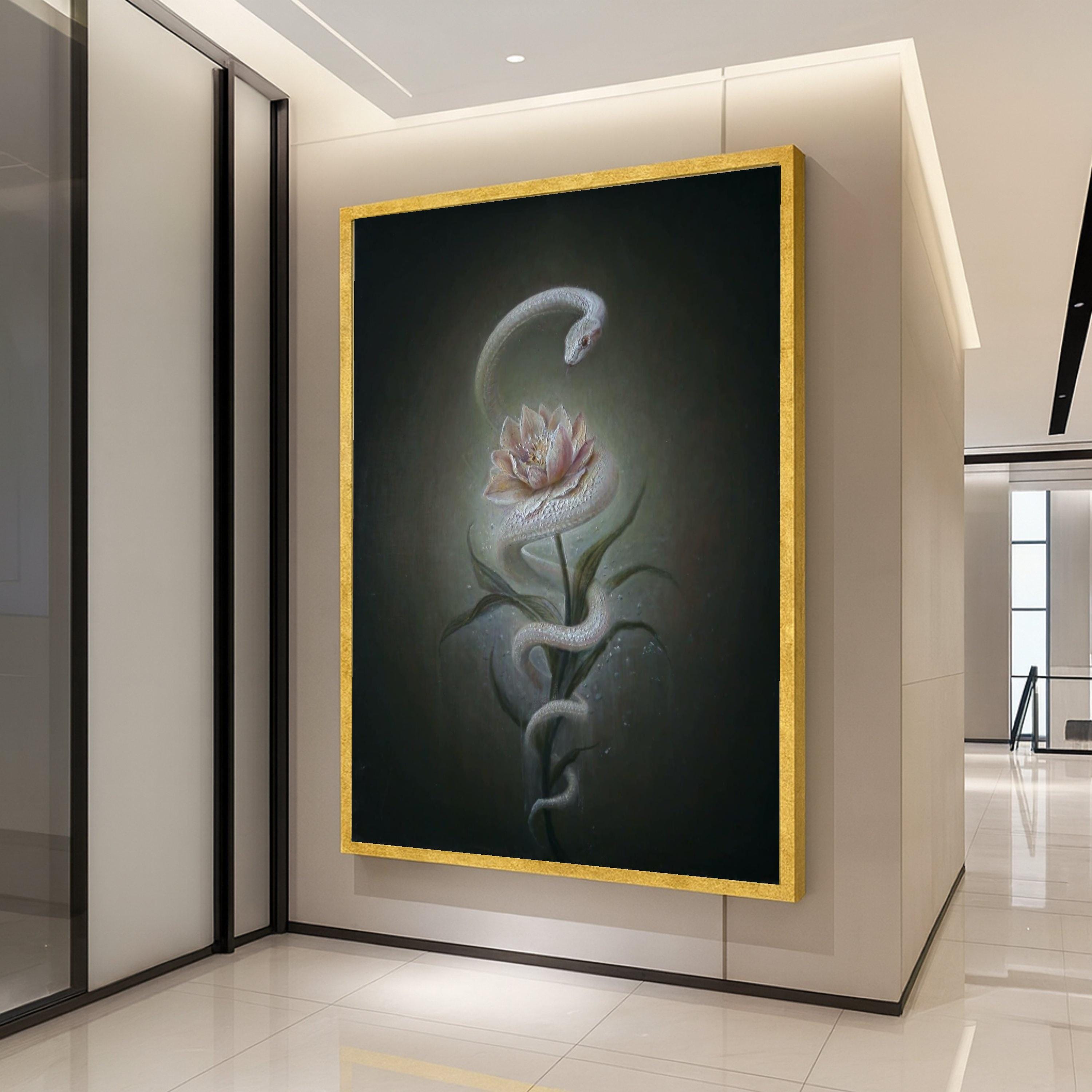 Mystical White Snake and Lotus Flower Canvas, Surreal Nature Wall Art, Botanical Serpent Painting, Elegant Home Decoration Ready To Hang,