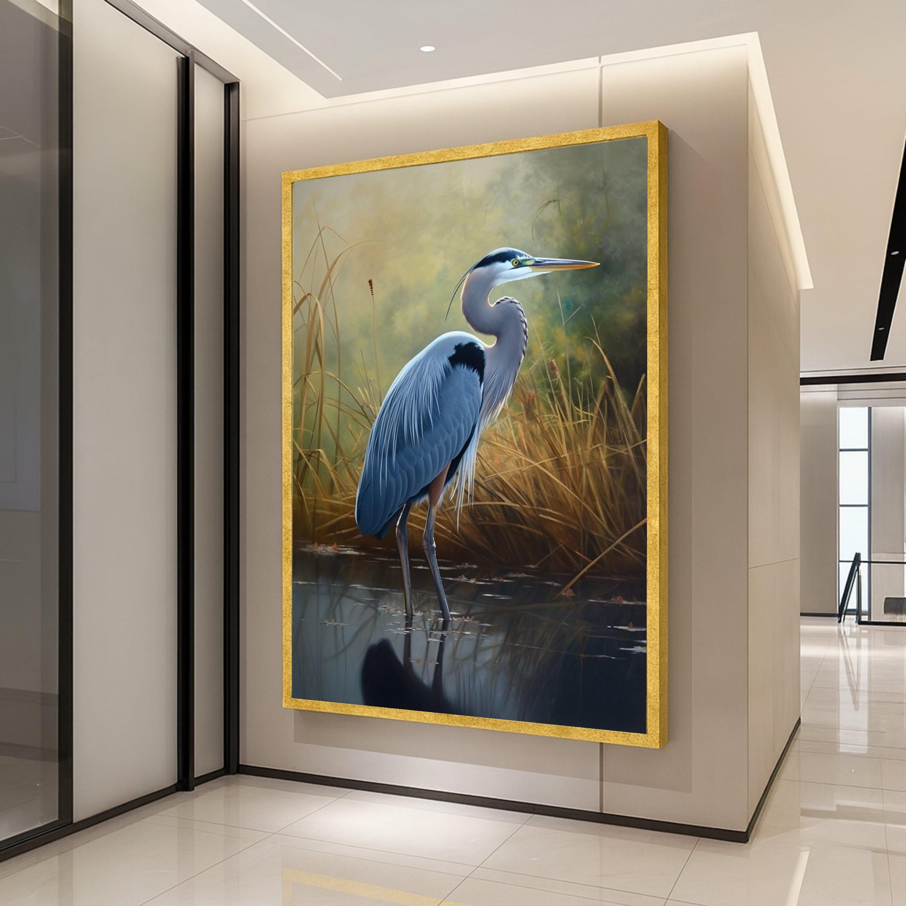 Elegant Blue Heron Bird Canvas, Nature Wildlife Wall Art, Marshland Scene Canvas, Realistic Water Bird Painting, Tranquil Ready To Hang,
