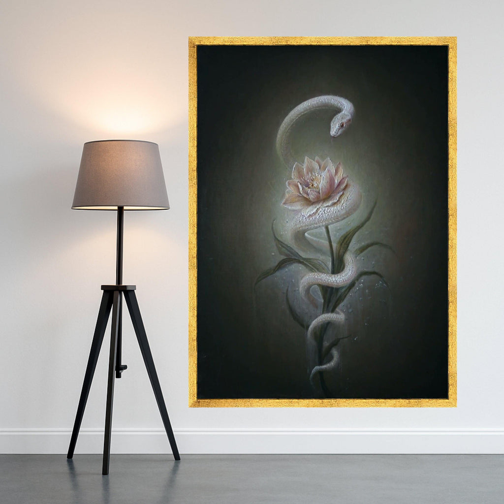 Mystical White Snake and Lotus Flower Canvas, Surreal Nature Wall Art, Botanical Serpent Painting, Elegant Home Decoration Ready To Hang,