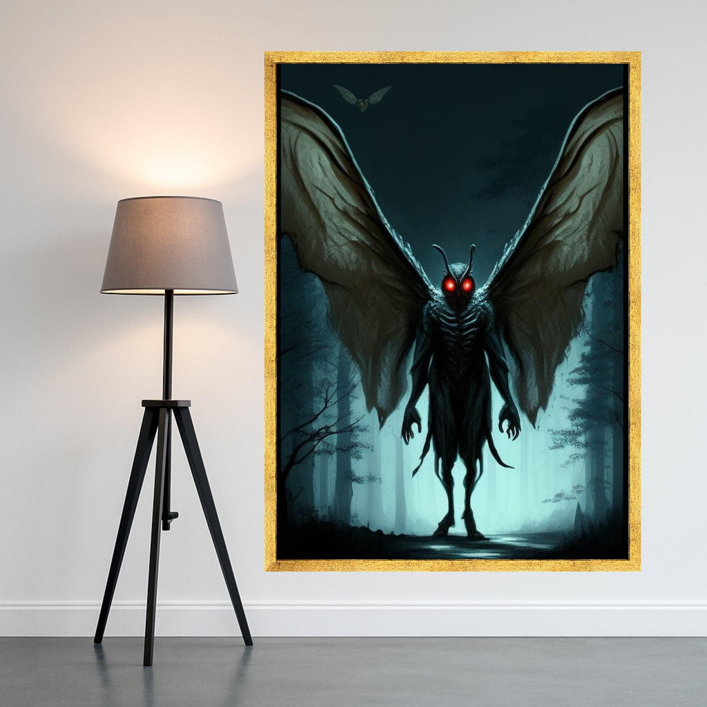 Dark Forest Mothman Canvas, Glowing Red Eyes Wall Art, Creepy Creature Illustration, Gothic Canvas Decor, Horror Fantasy Ready To Hang,