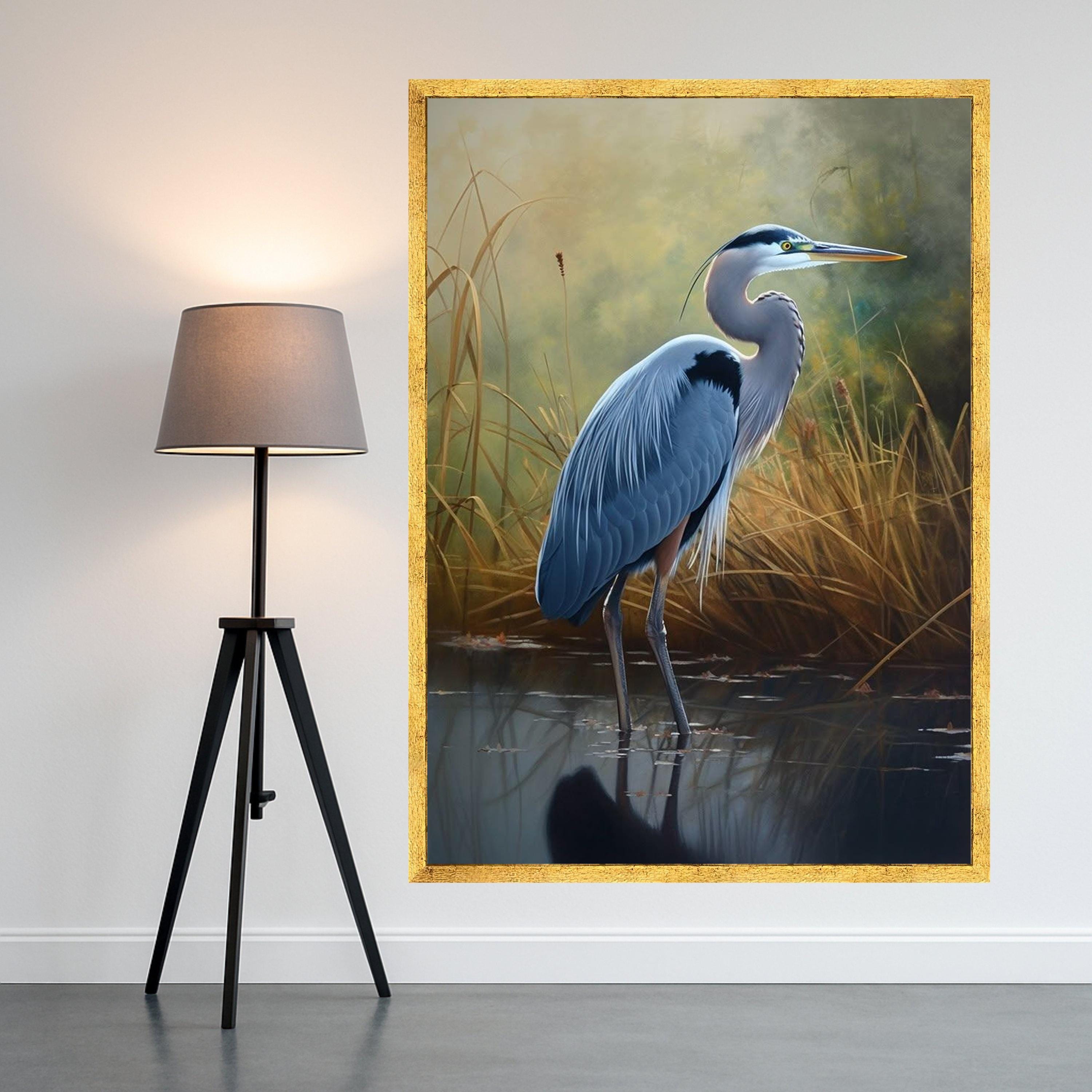 Elegant Blue Heron Bird Canvas, Nature Wildlife Wall Art, Marshland Scene Canvas, Realistic Water Bird Painting, Tranquil Ready To Hang,