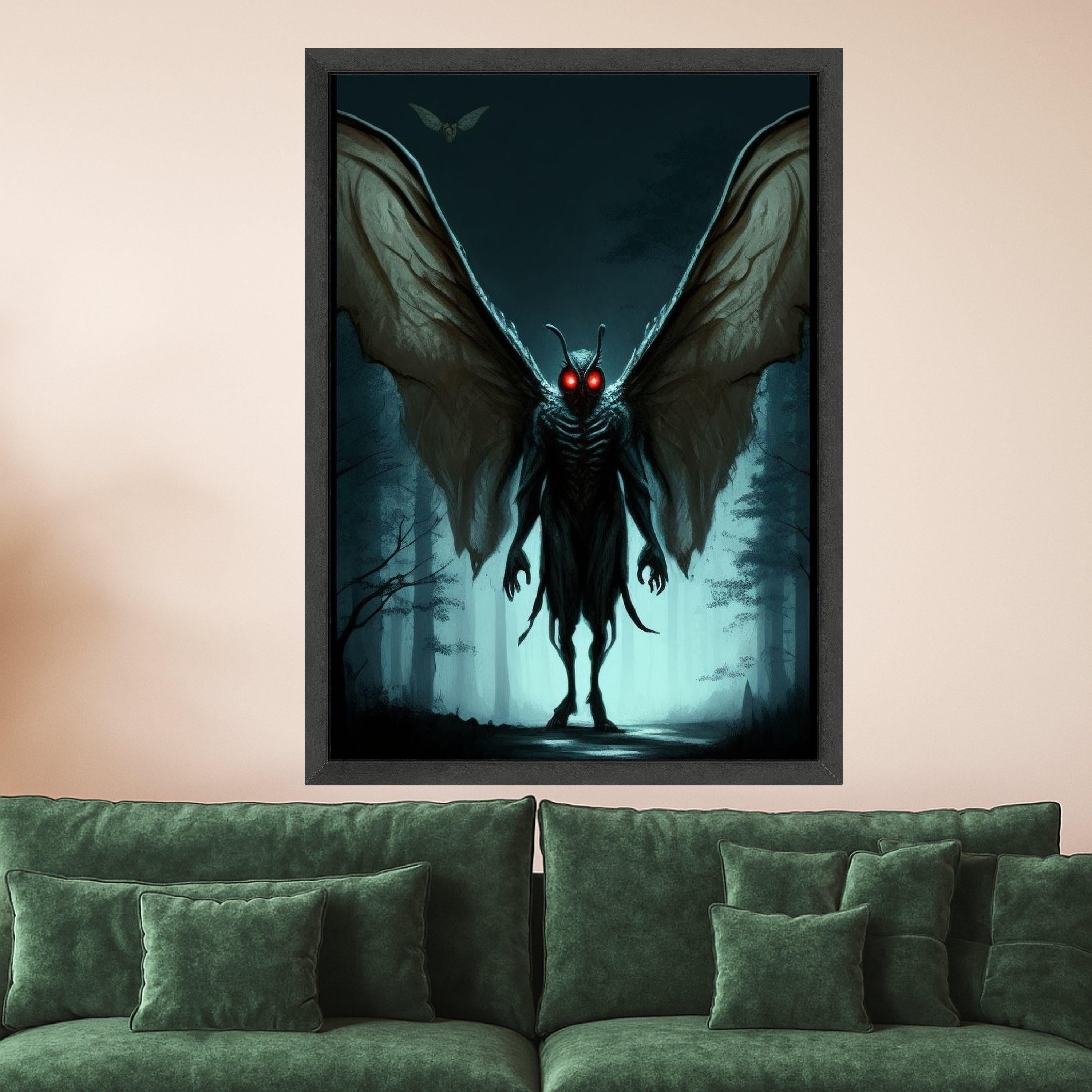 Dark Forest Mothman Canvas, Glowing Red Eyes Wall Art, Creepy Creature Illustration, Gothic Canvas Decor, Horror Fantasy Ready To Hang,