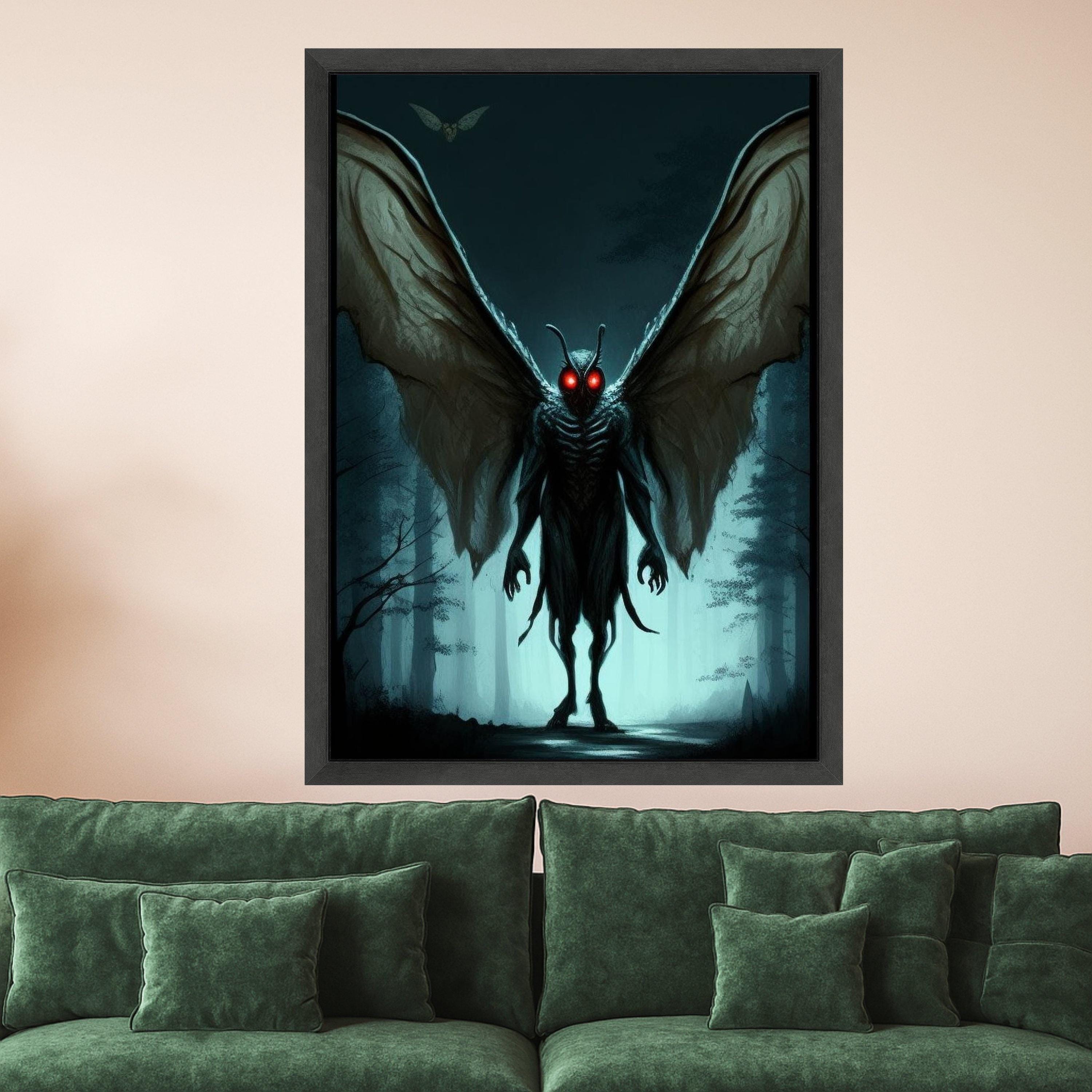 Dark Forest Mothman Canvas, Glowing Red Eyes Wall Art, Creepy Creature Illustration, Gothic Canvas Decor, Horror Fantasy Ready To Hang,