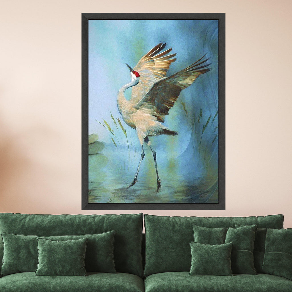 Graceful Crane Bird Canvas Wall Art, Nature Wildlife Painting, Blue Background Feathered Wall Decor, Elegant Shorebird Ready To Hang,