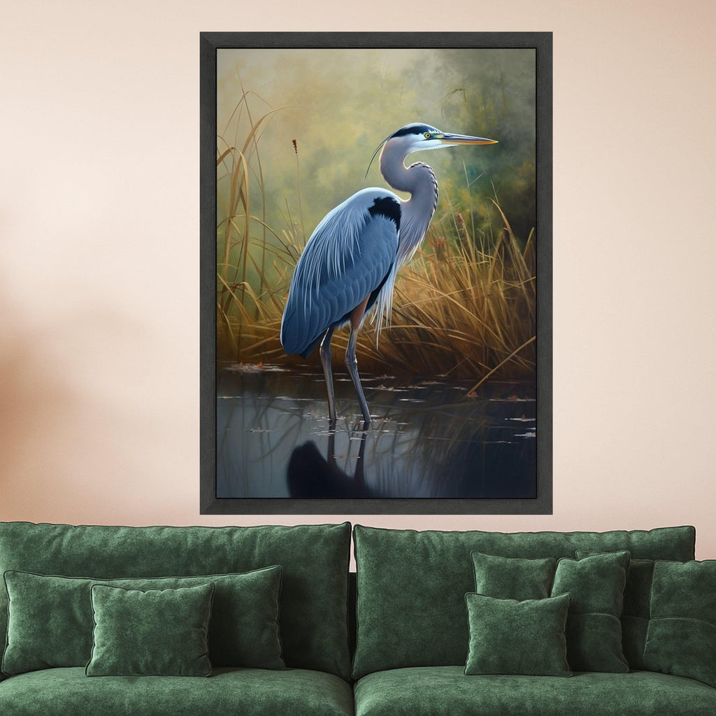 Elegant Blue Heron Bird Canvas, Nature Wildlife Wall Art, Marshland Scene Canvas, Realistic Water Bird Painting, Tranquil Ready To Hang,