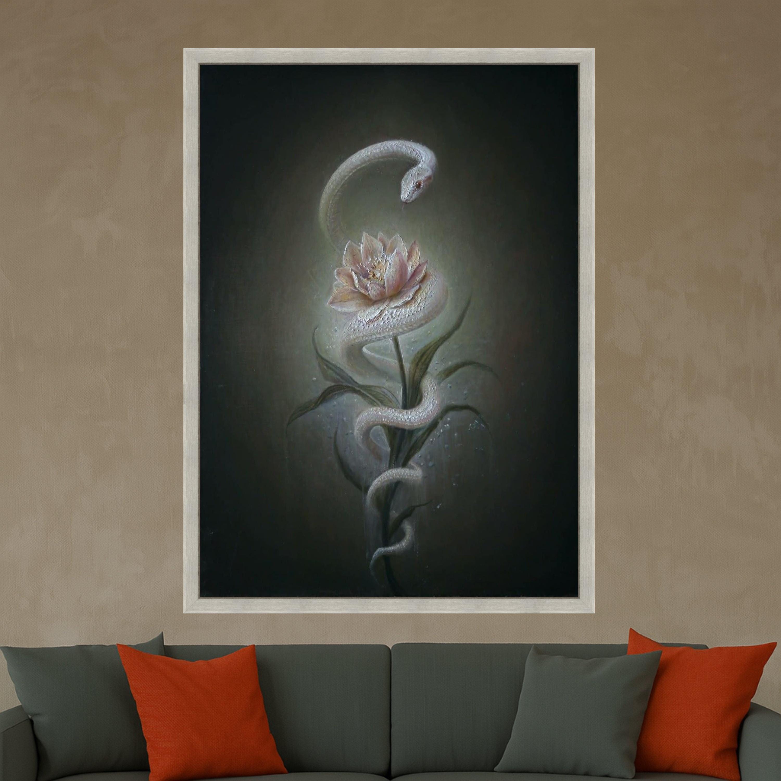 Mystical White Snake and Lotus Flower Canvas, Surreal Nature Wall Art, Botanical Serpent Painting, Elegant Home Decoration Ready To Hang,