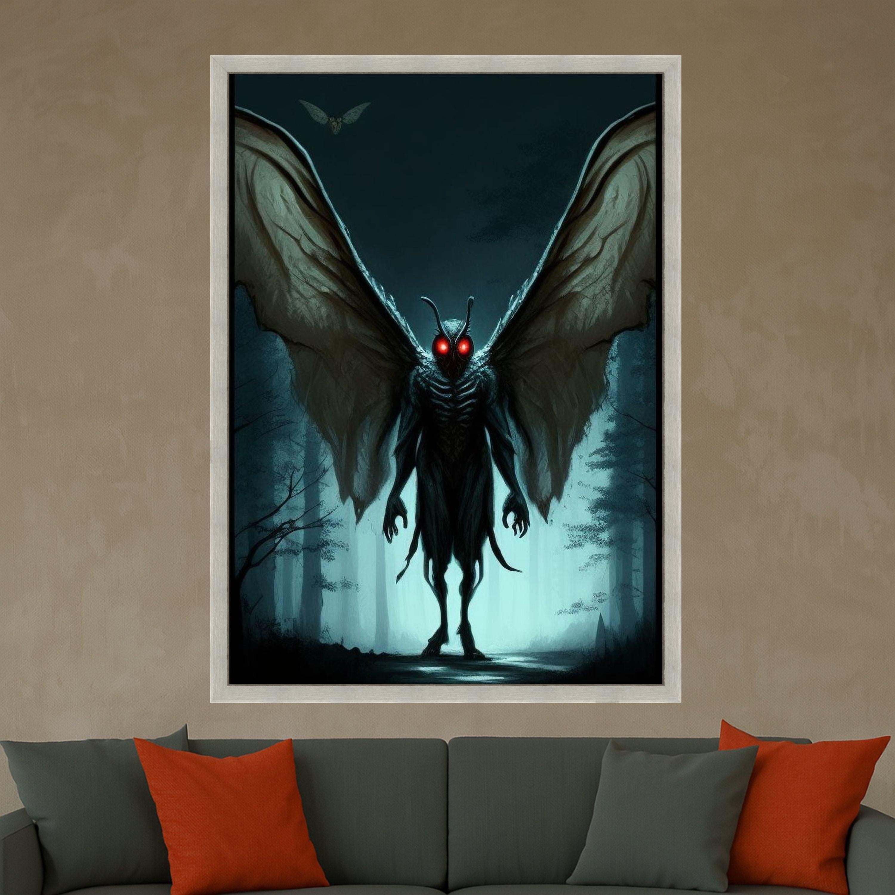Dark Forest Mothman Canvas, Glowing Red Eyes Wall Art, Creepy Creature Illustration, Gothic Canvas Decor, Horror Fantasy Ready To Hang,