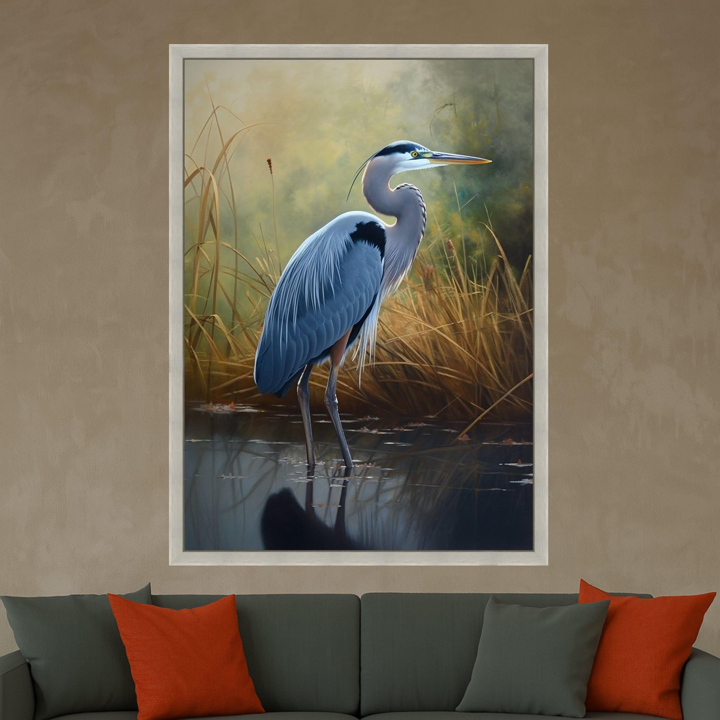 Elegant Blue Heron Bird Canvas, Nature Wildlife Wall Art, Marshland Scene Canvas, Realistic Water Bird Painting, Tranquil Ready To Hang,