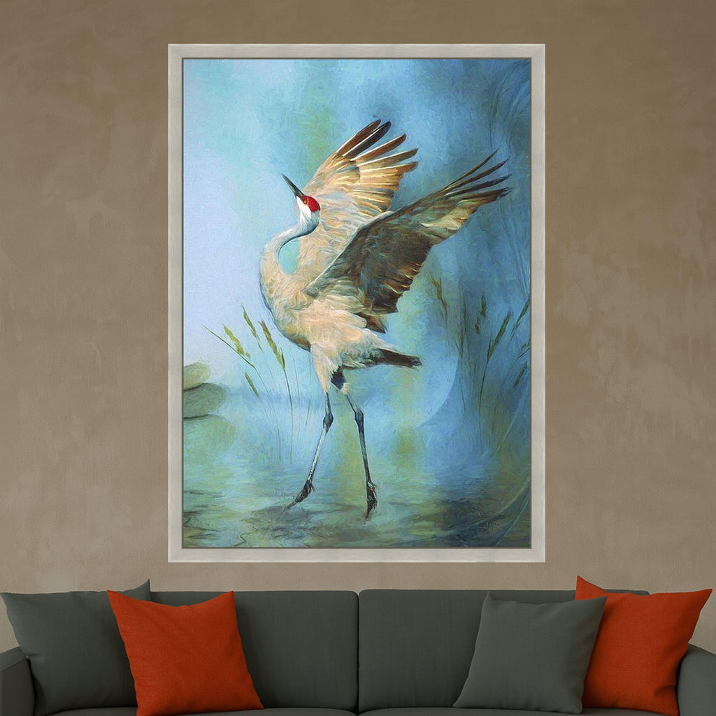 Graceful Crane Bird Canvas Wall Art, Nature Wildlife Painting, Blue Background Feathered Wall Decor, Elegant Shorebird Ready To Hang,