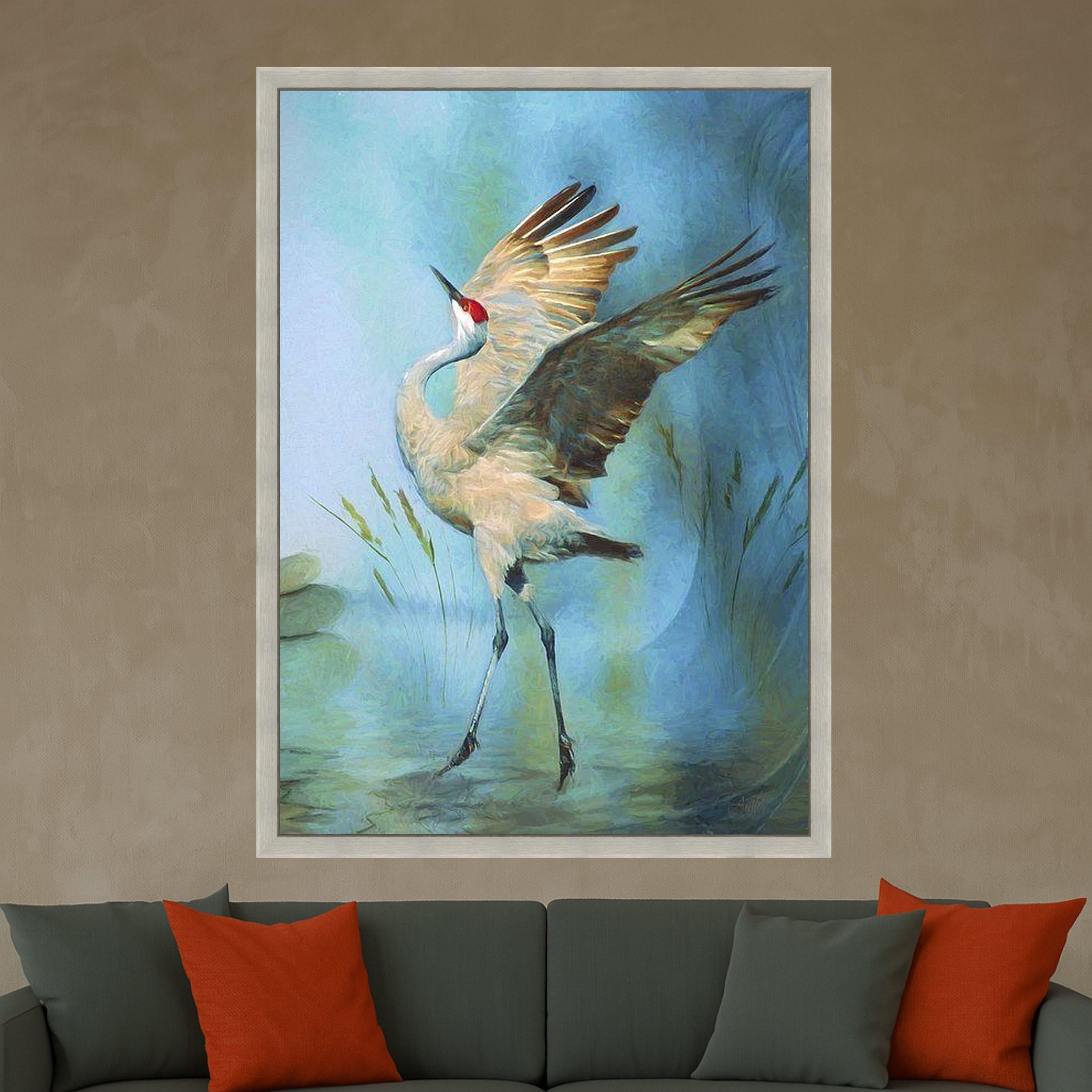 Graceful Crane Bird Canvas Wall Art, Nature Wildlife Painting, Blue Background Feathered Wall Decor, Elegant Shorebird Ready To Hang,