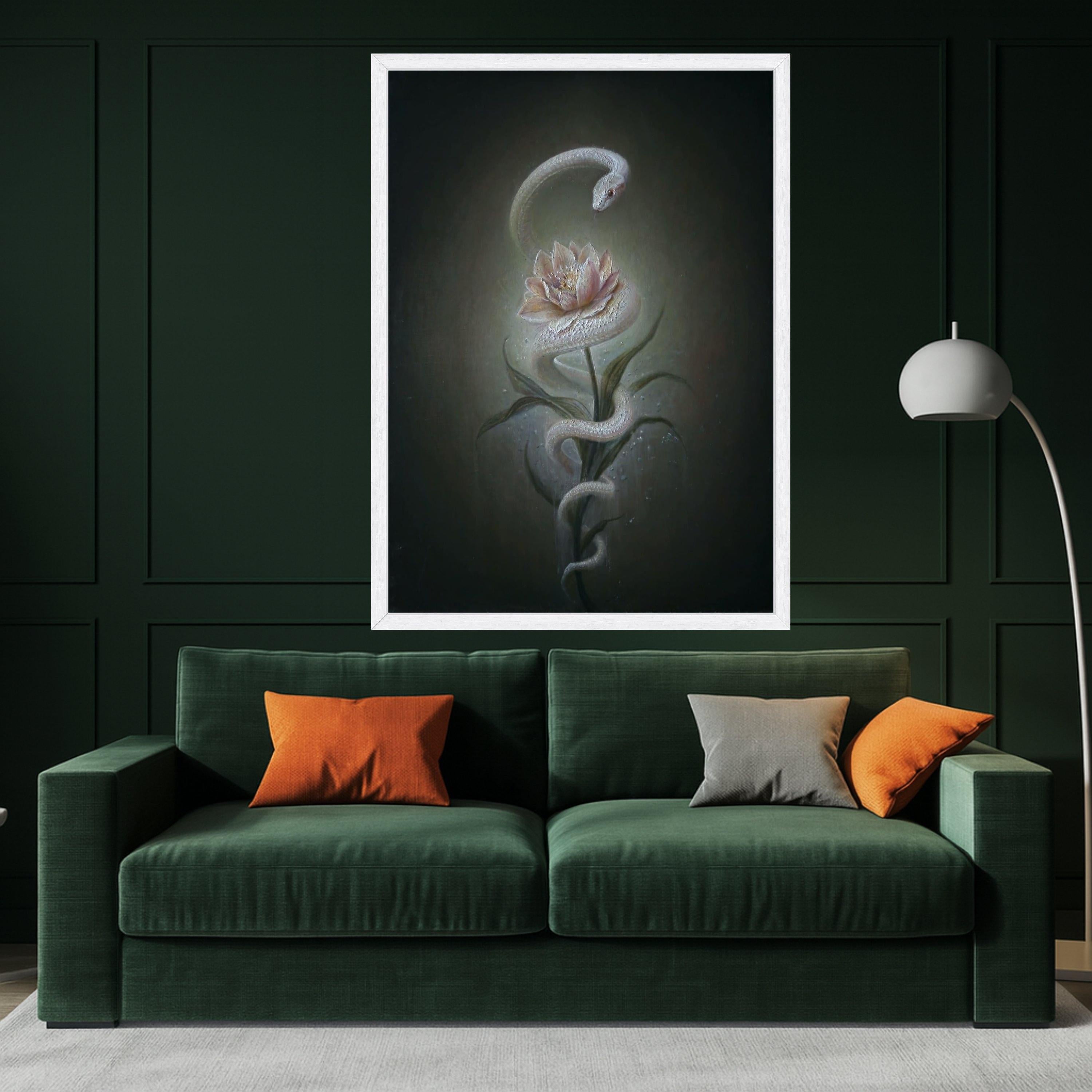 Mystical White Snake and Lotus Flower Canvas, Surreal Nature Wall Art, Botanical Serpent Painting, Elegant Home Decoration Ready To Hang,