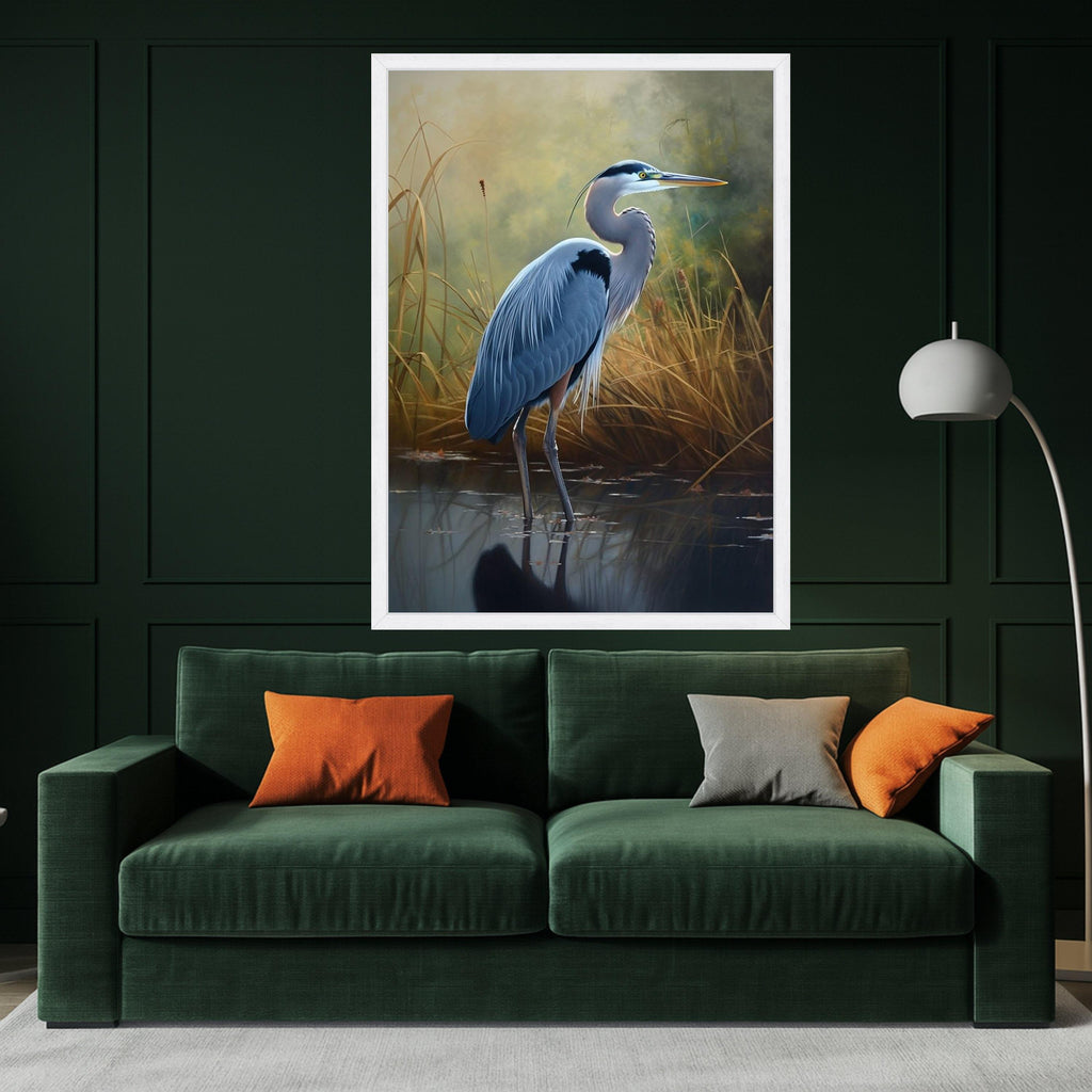 Elegant Blue Heron Bird Canvas, Nature Wildlife Wall Art, Marshland Scene Canvas, Realistic Water Bird Painting, Tranquil Ready To Hang,