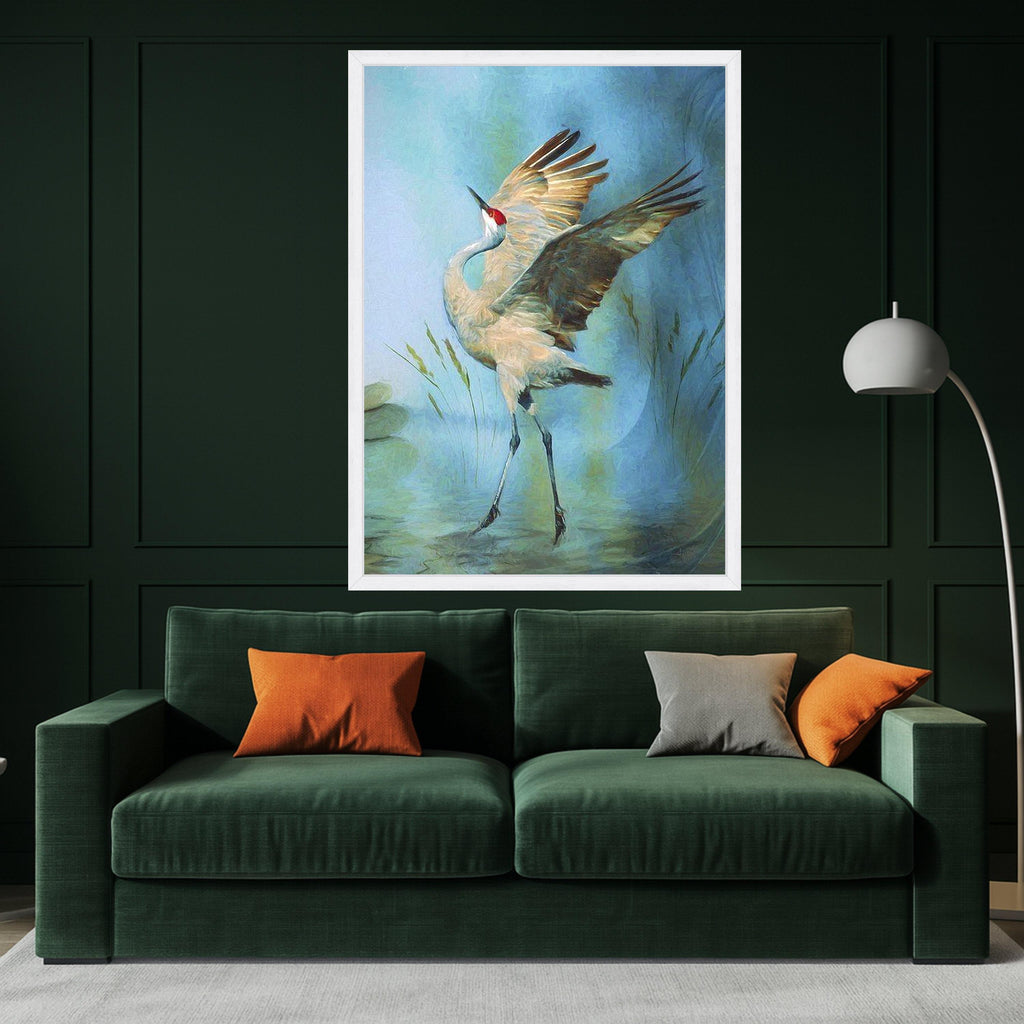 Graceful Crane Bird Canvas Wall Art, Nature Wildlife Painting, Blue Background Feathered Wall Decor, Elegant Shorebird Ready To Hang,