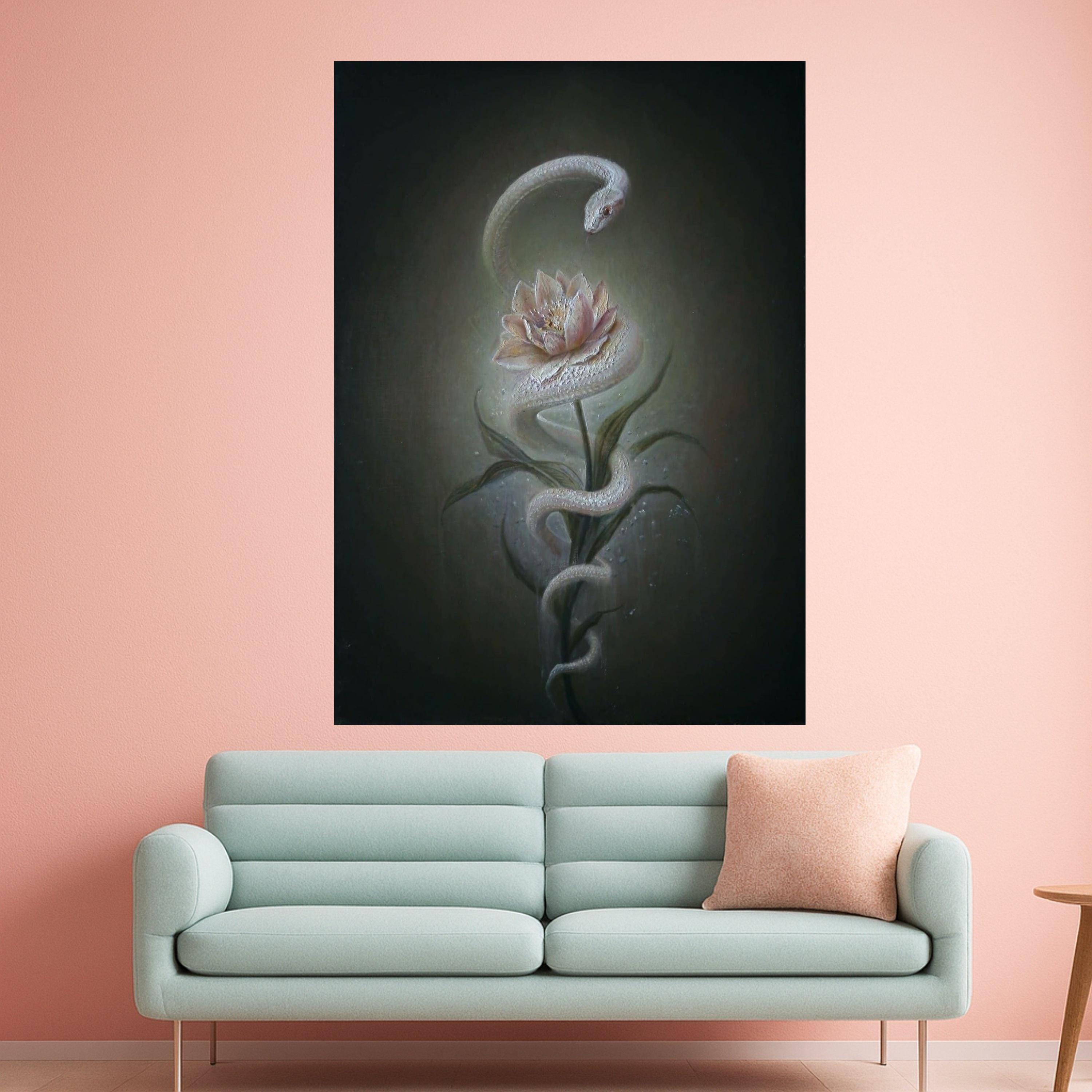 Mystical White Snake and Lotus Flower Canvas, Surreal Nature Wall Art, Botanical Serpent Painting, Elegant Home Decoration Ready To Hang,