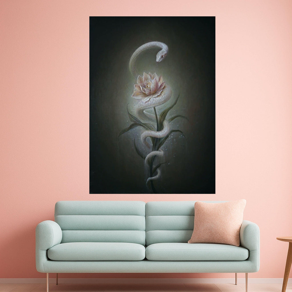 Mystical White Snake and Lotus Flower Canvas, Surreal Nature Wall Art, Botanical Serpent Painting, Elegant Home Decoration Ready To Hang,