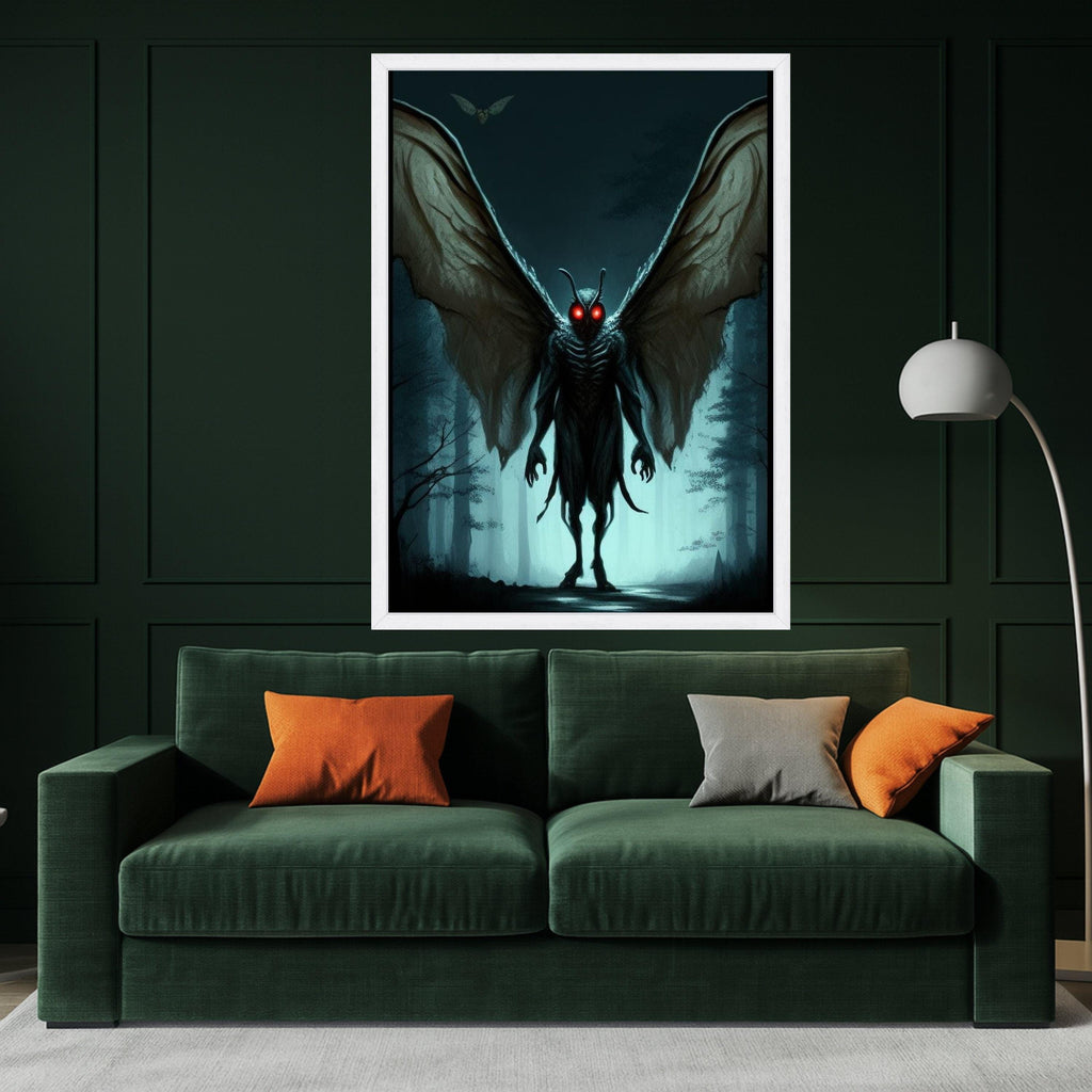 Dark Forest Mothman Canvas, Glowing Red Eyes Wall Art, Creepy Creature Illustration, Gothic Canvas Decor, Horror Fantasy Ready To Hang,