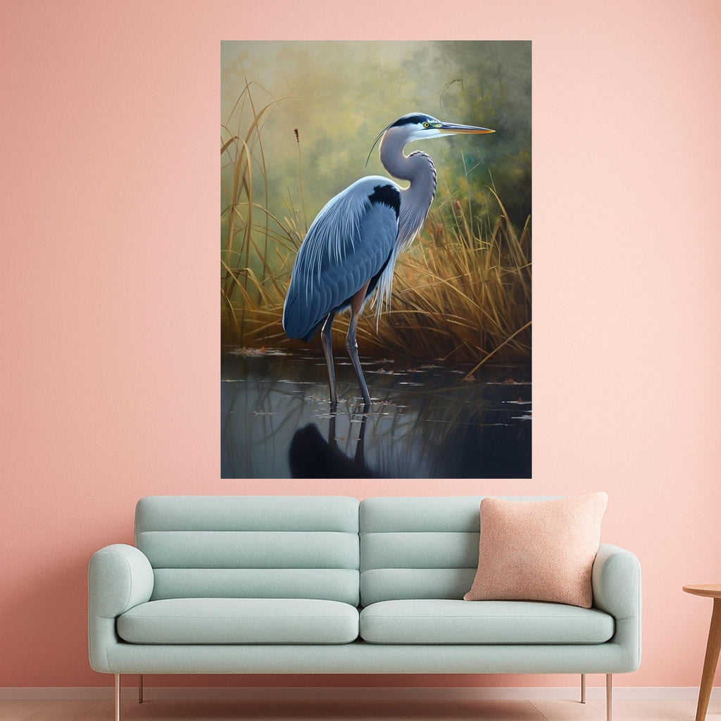 Elegant Blue Heron Bird Canvas, Nature Wildlife Wall Art, Marshland Scene Canvas, Realistic Water Bird Painting, Tranquil Ready To Hang,