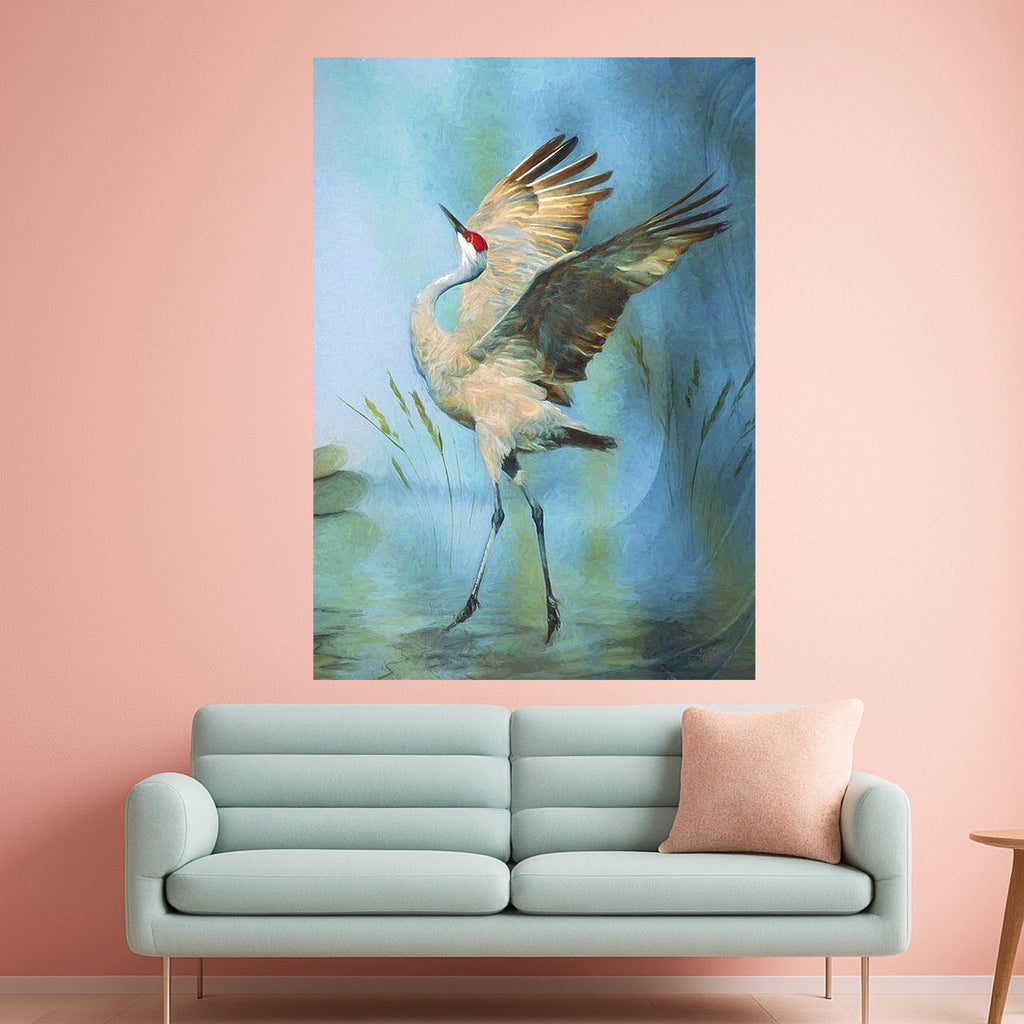 Graceful Crane Bird Canvas Wall Art, Nature Wildlife Painting, Blue Background Feathered Wall Decor, Elegant Shorebird Ready To Hang,