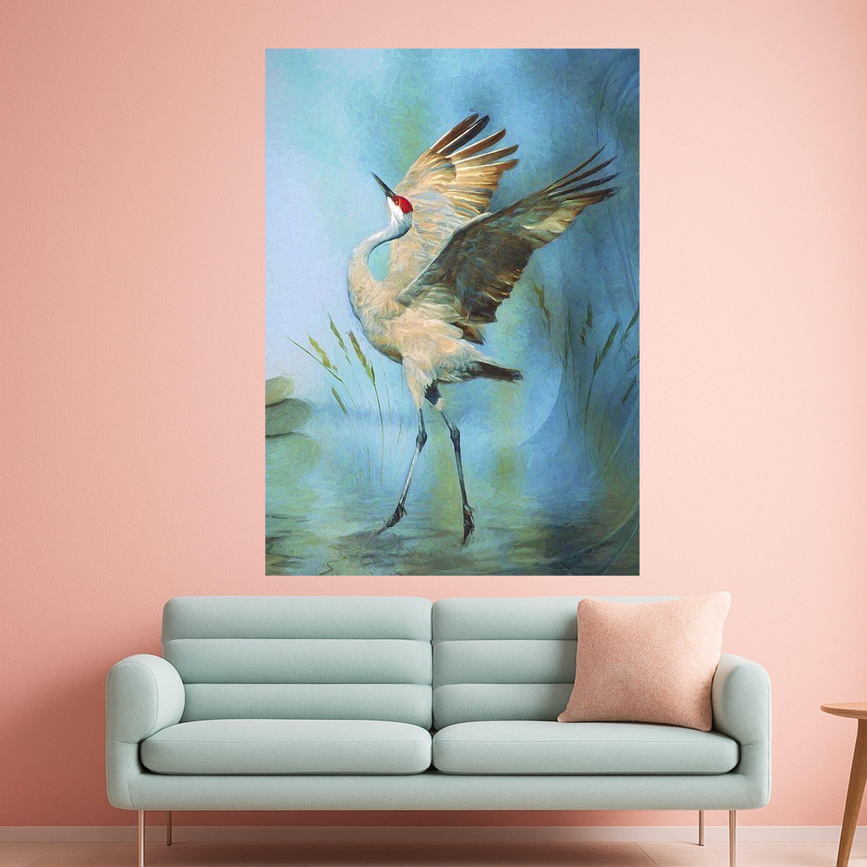 Graceful Crane Bird Canvas Wall Art, Nature Wildlife Painting, Blue Background Feathered Wall Decor, Elegant Shorebird Ready To Hang,