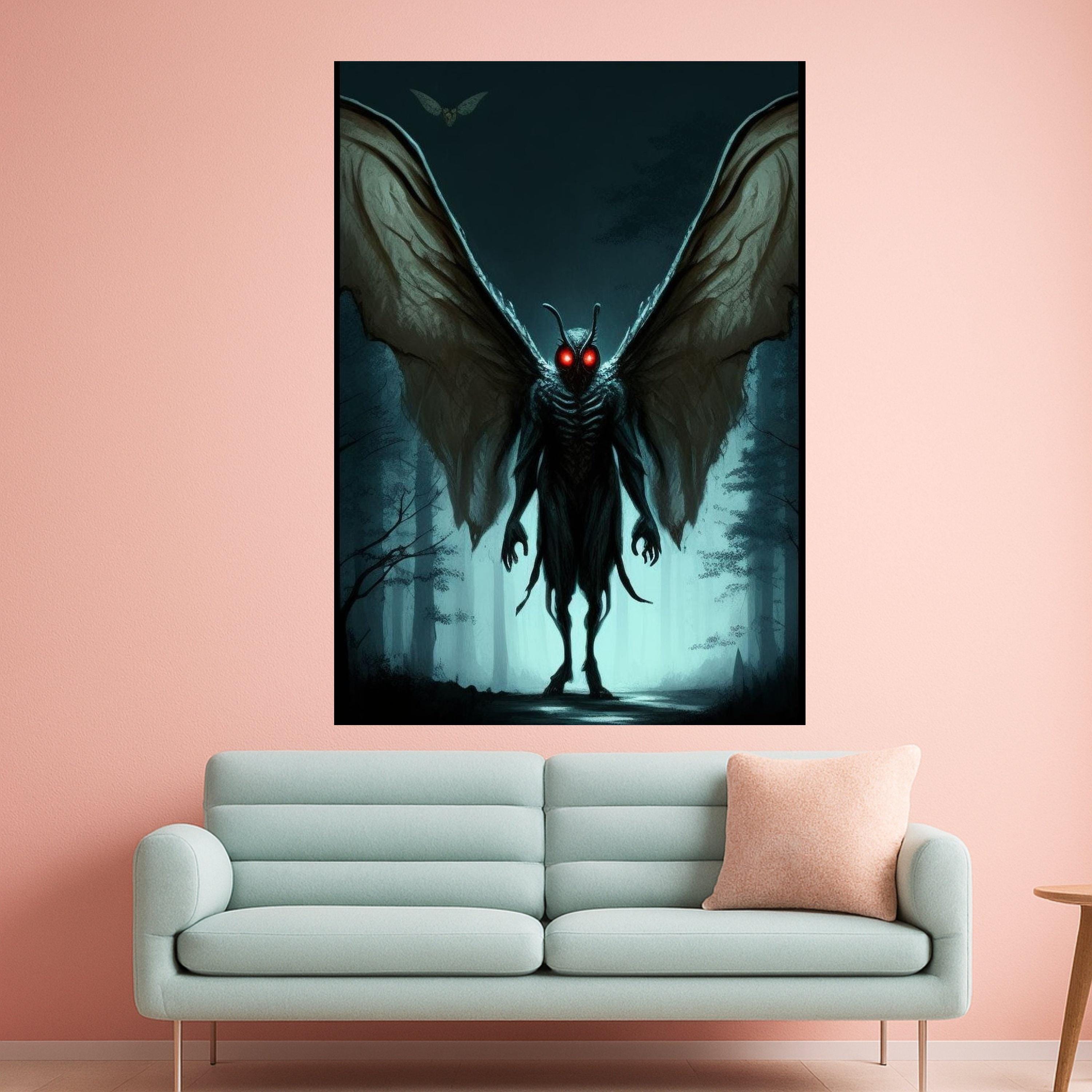 Dark Forest Mothman Canvas, Glowing Red Eyes Wall Art, Creepy Creature Illustration, Gothic Canvas Decor, Horror Fantasy Ready To Hang,