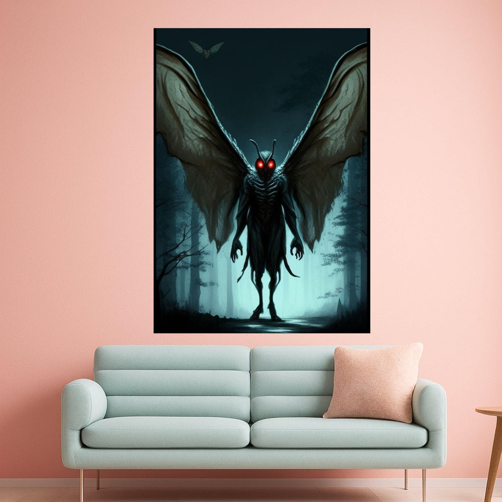 Dark Forest Mothman Canvas, Glowing Red Eyes Wall Art, Creepy Creature Illustration, Gothic Canvas Decor, Horror Fantasy Ready To Hang,