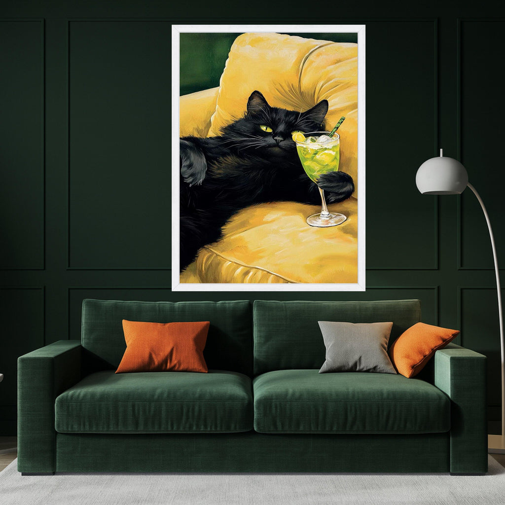 Relaxing Black Cat on Yellow Couch Canvas, Whimsical Pet Wall Art, Cozy Home Decoration, Fun Animal Print, Lounge Scene Ready To Hang,