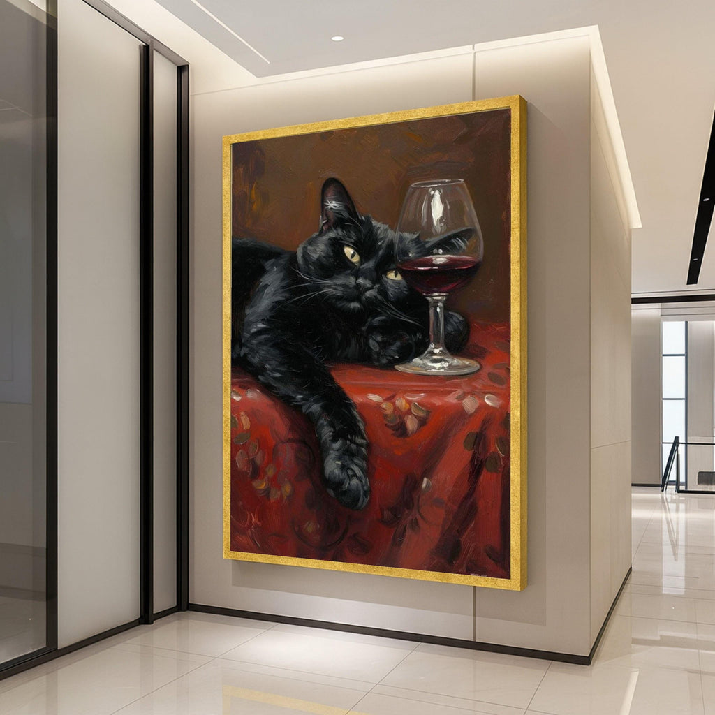 Relaxed Black Cat Painting, Wine Glass Canvas Wall Art, Cozy Home Decor, Cat Lover Gift, Still Life Canvas, Animal Art Print, Ready To Hang,