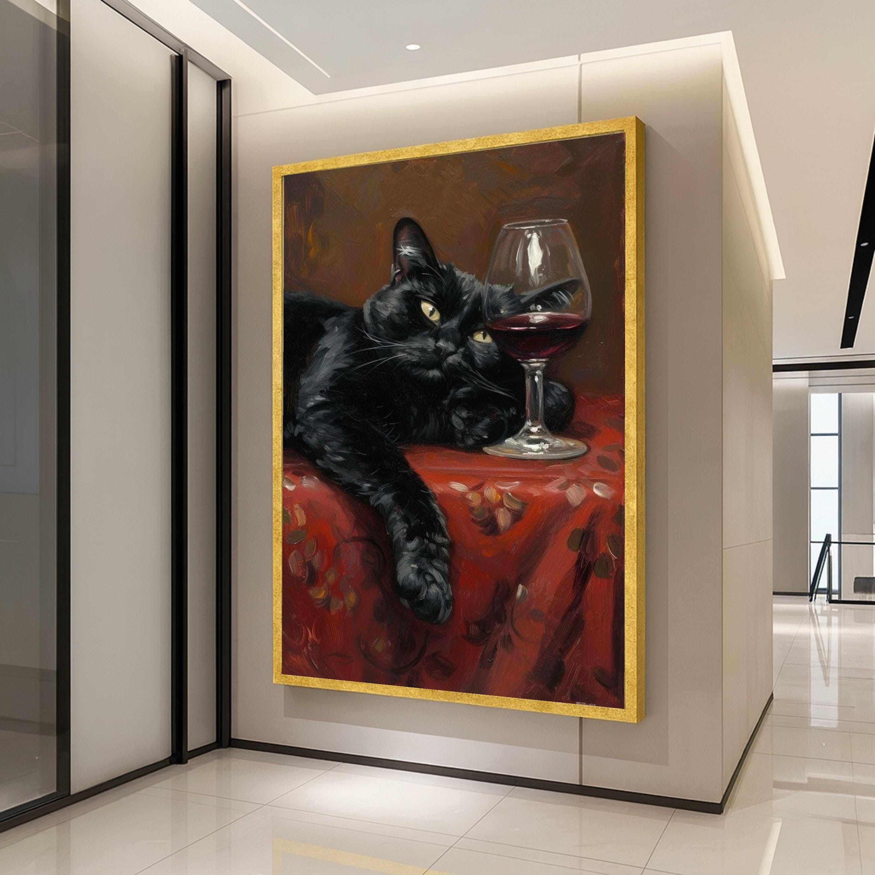 Relaxed Black Cat Painting, Wine Glass Canvas Wall Art, Cozy Home Decor, Cat Lover Gift, Still Life Canvas, Animal Art Print, Ready To Hang,