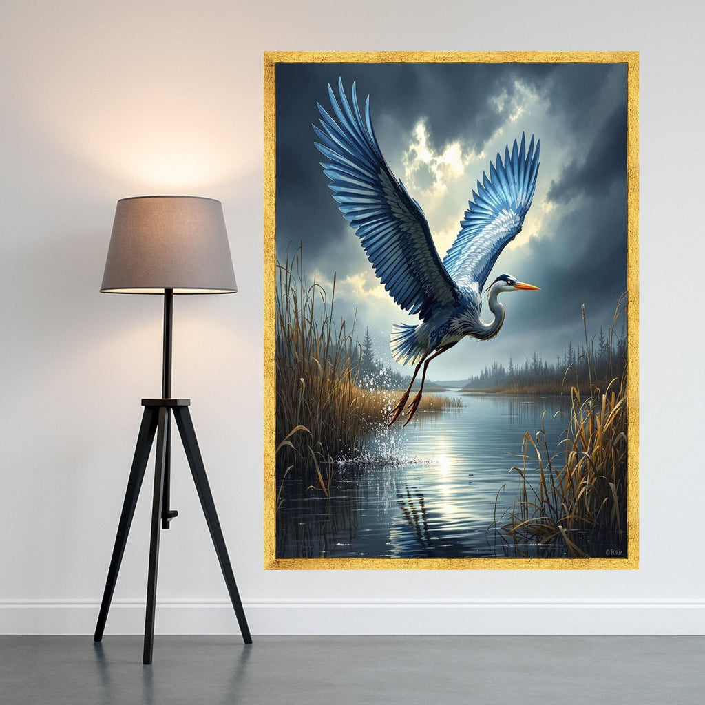 Heron in Flight Canvas Print – Bird Wall Art, Nature Wall Decor, Ready to Hang Marsh Landscape Wall Decoration