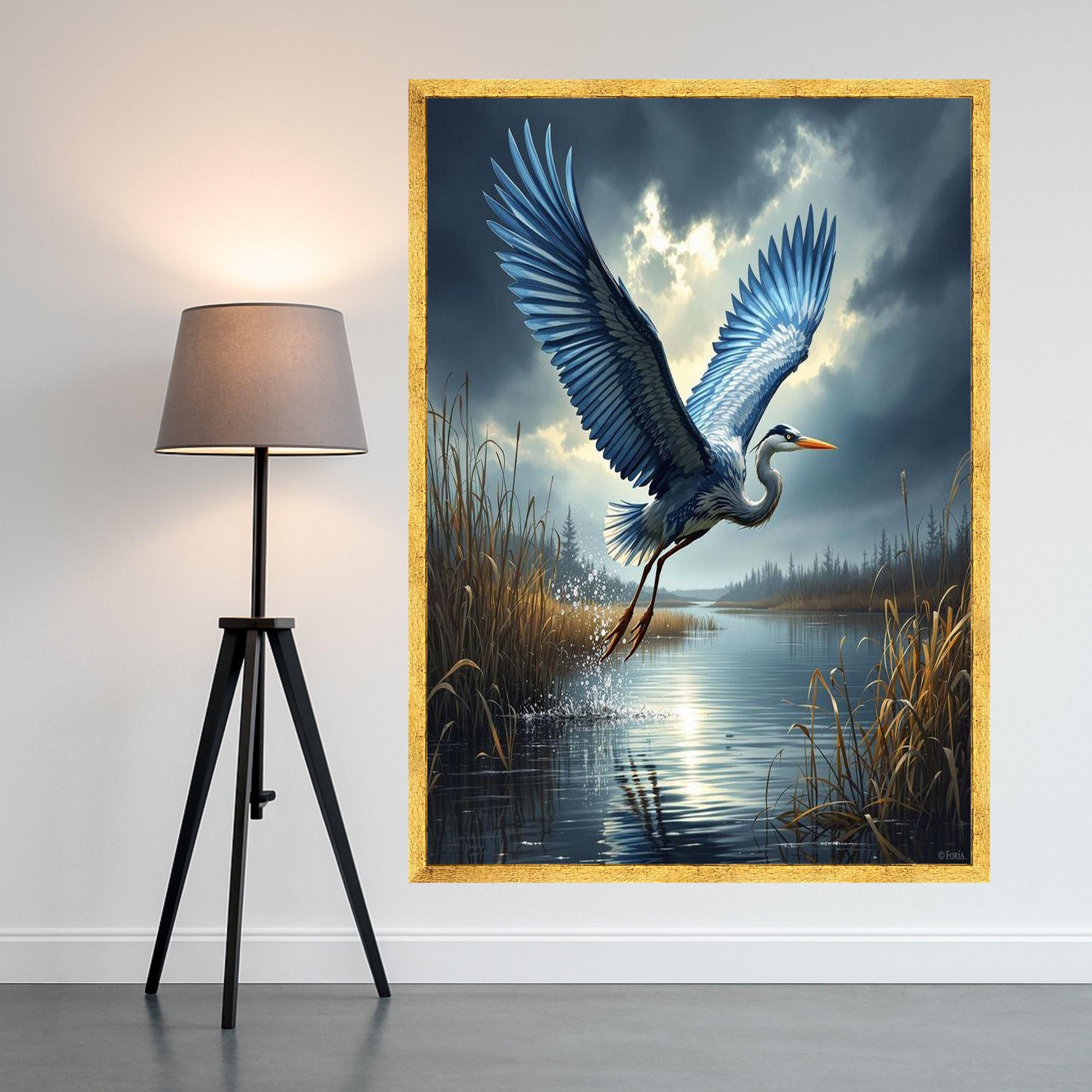 Heron in Flight Canvas Print – Bird Wall Art, Nature Wall Decor, Ready to Hang Marsh Landscape Wall Decoration