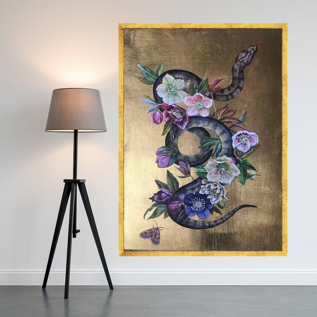 Floral Snake Canvas Print – Dark Botanical Wall Art, Gothic Wall Decor, Ready to Hang Serpent Wall Decoration