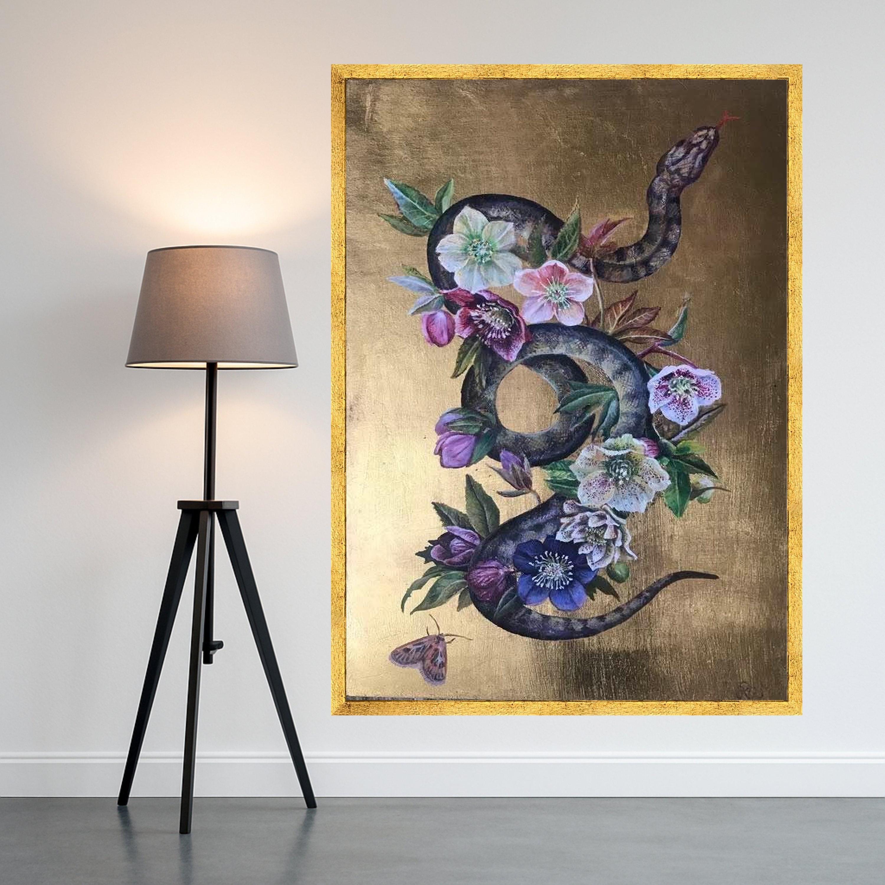 Floral Snake Canvas Print – Dark Botanical Wall Art, Gothic Wall Decor, Ready to Hang Serpent Wall Decoration
