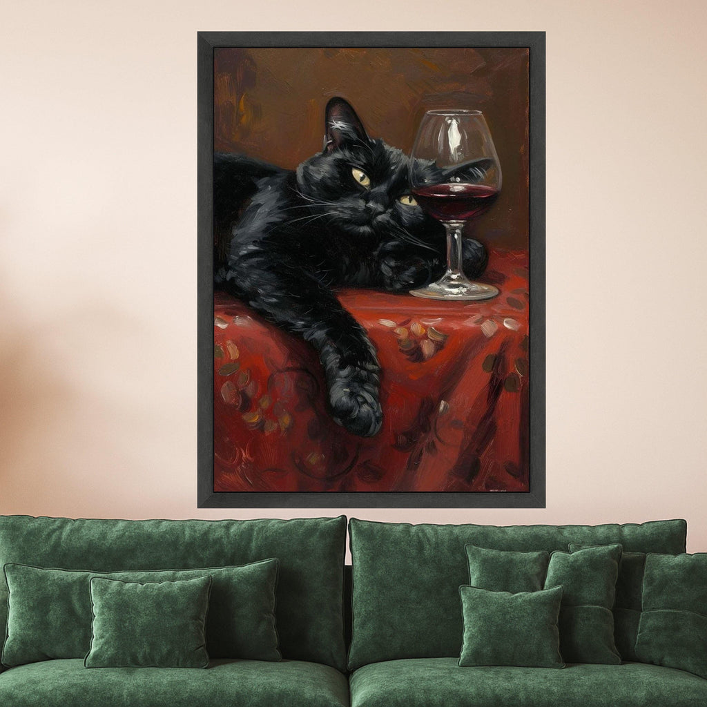 Relaxed Black Cat Painting, Wine Glass Canvas Wall Art, Cozy Home Decor, Cat Lover Gift, Still Life Canvas, Animal Art Print, Ready To Hang,