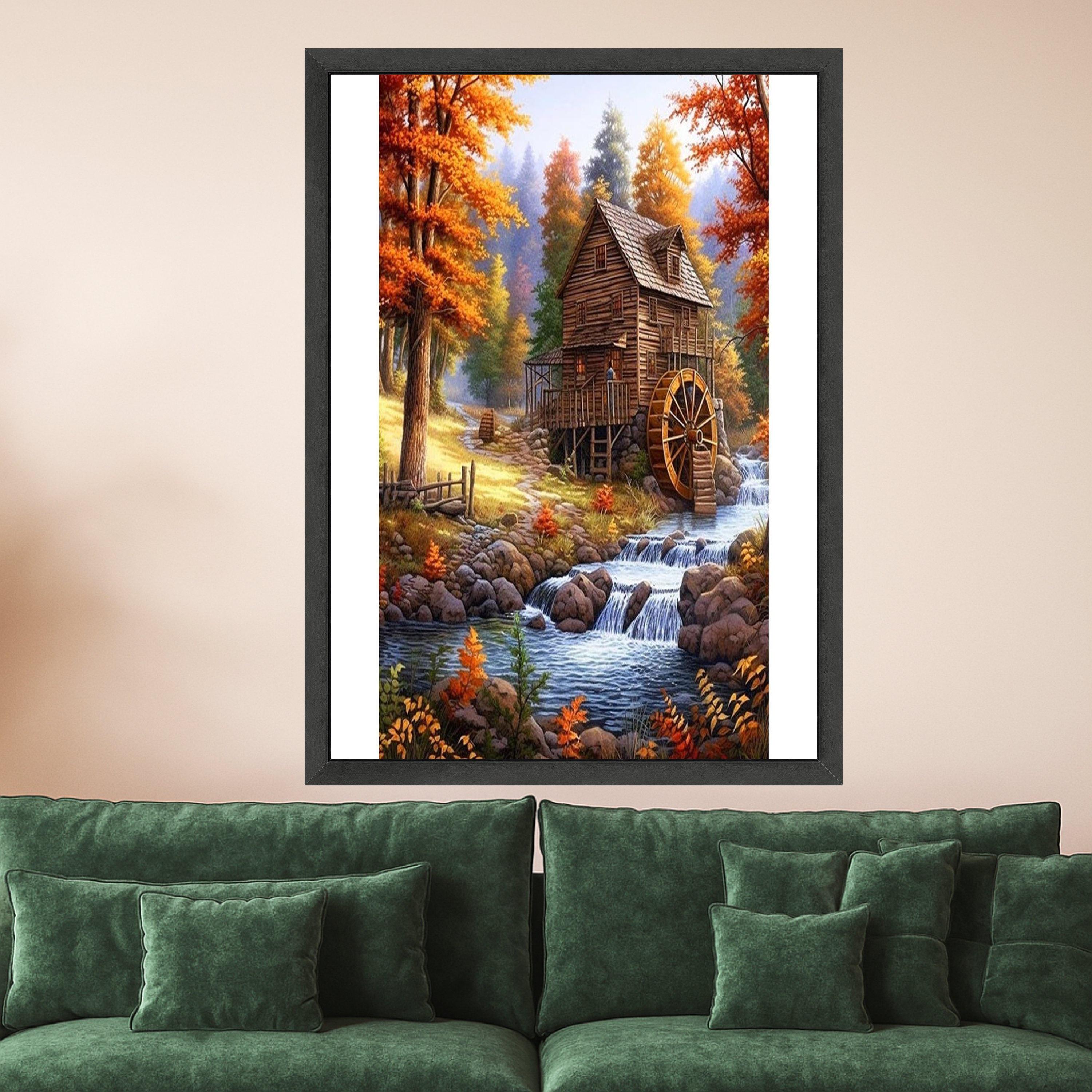 Rustic Autumn Watermill Canvas Print – Country Wall Art, Fall Wall Decor, Ready to Hang Wall Decoration