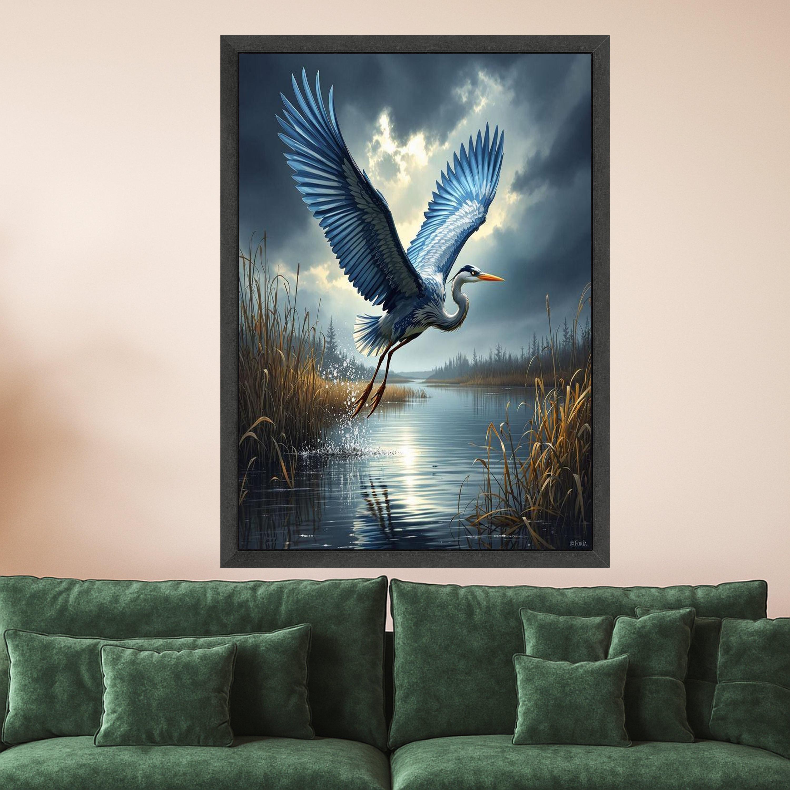 Heron in Flight Canvas Print – Bird Wall Art, Nature Wall Decor, Ready to Hang Marsh Landscape Wall Decoration