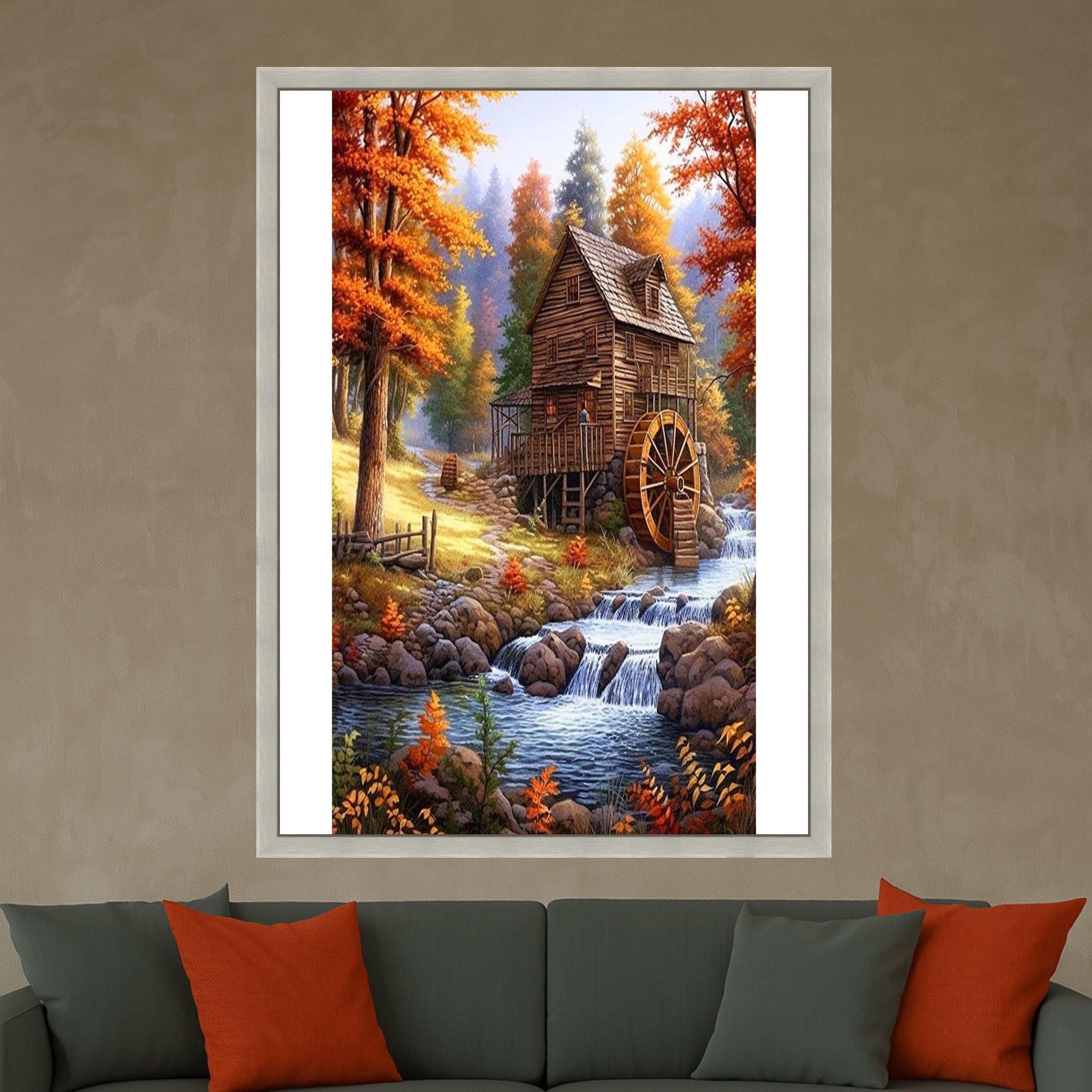 Rustic Autumn Watermill Canvas Print – Country Wall Art, Fall Wall Decor, Ready to Hang Wall Decoration