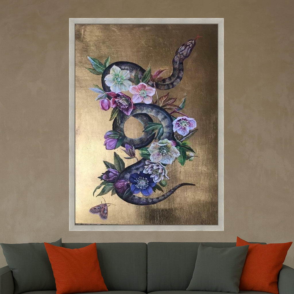 Floral Snake Canvas Print – Dark Botanical Wall Art, Gothic Wall Decor, Ready to Hang Serpent Wall Decoration