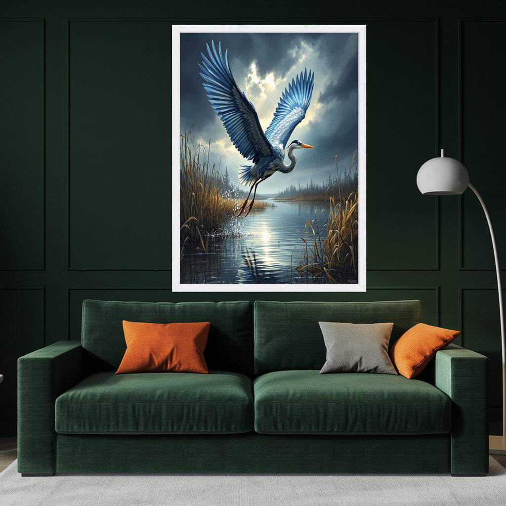 Heron in Flight Canvas Print – Bird Wall Art, Nature Wall Decor, Ready to Hang Marsh Landscape Wall Decoration