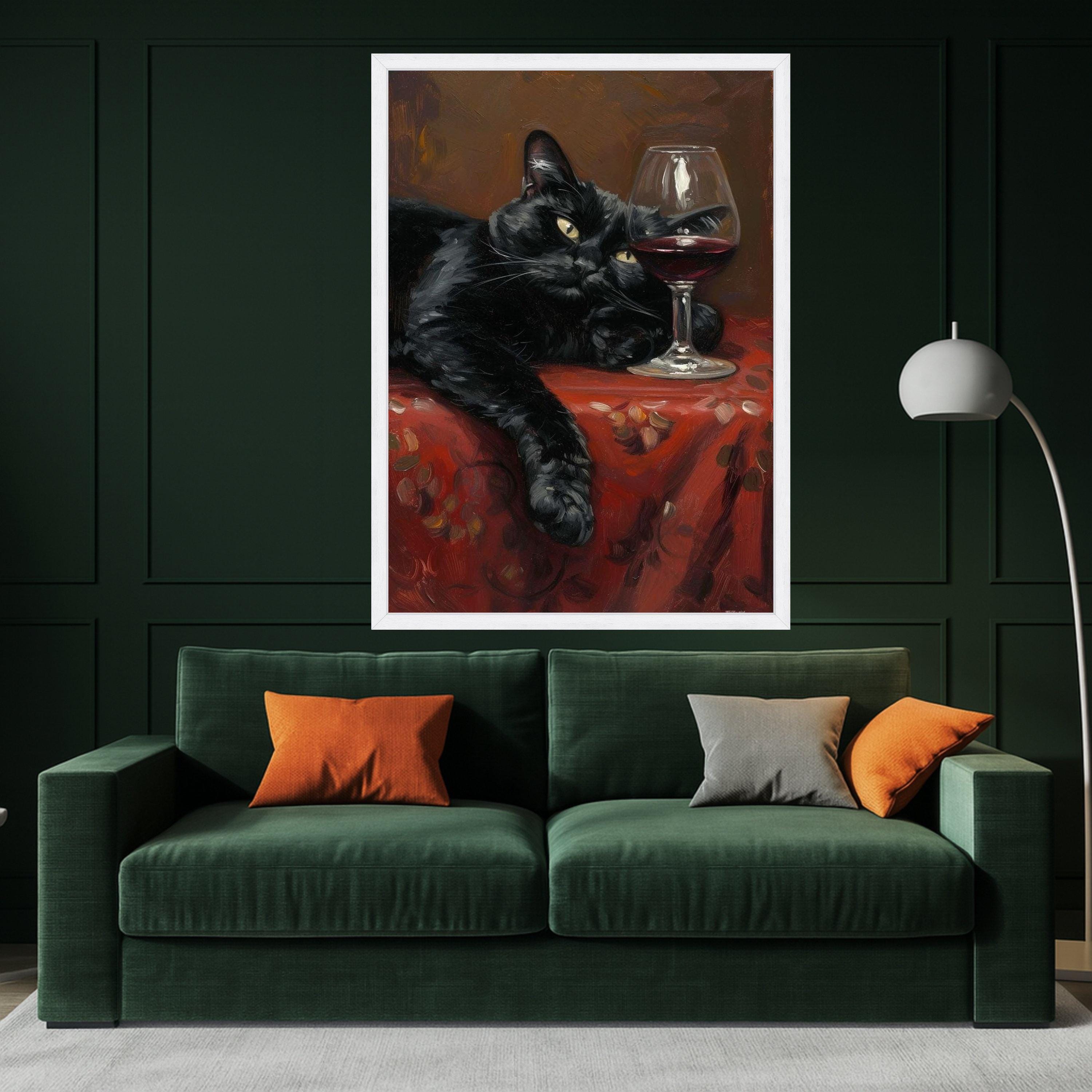 Relaxed Black Cat Painting, Wine Glass Canvas Wall Art, Cozy Home Decor, Cat Lover Gift, Still Life Canvas, Animal Art Print, Ready To Hang,
