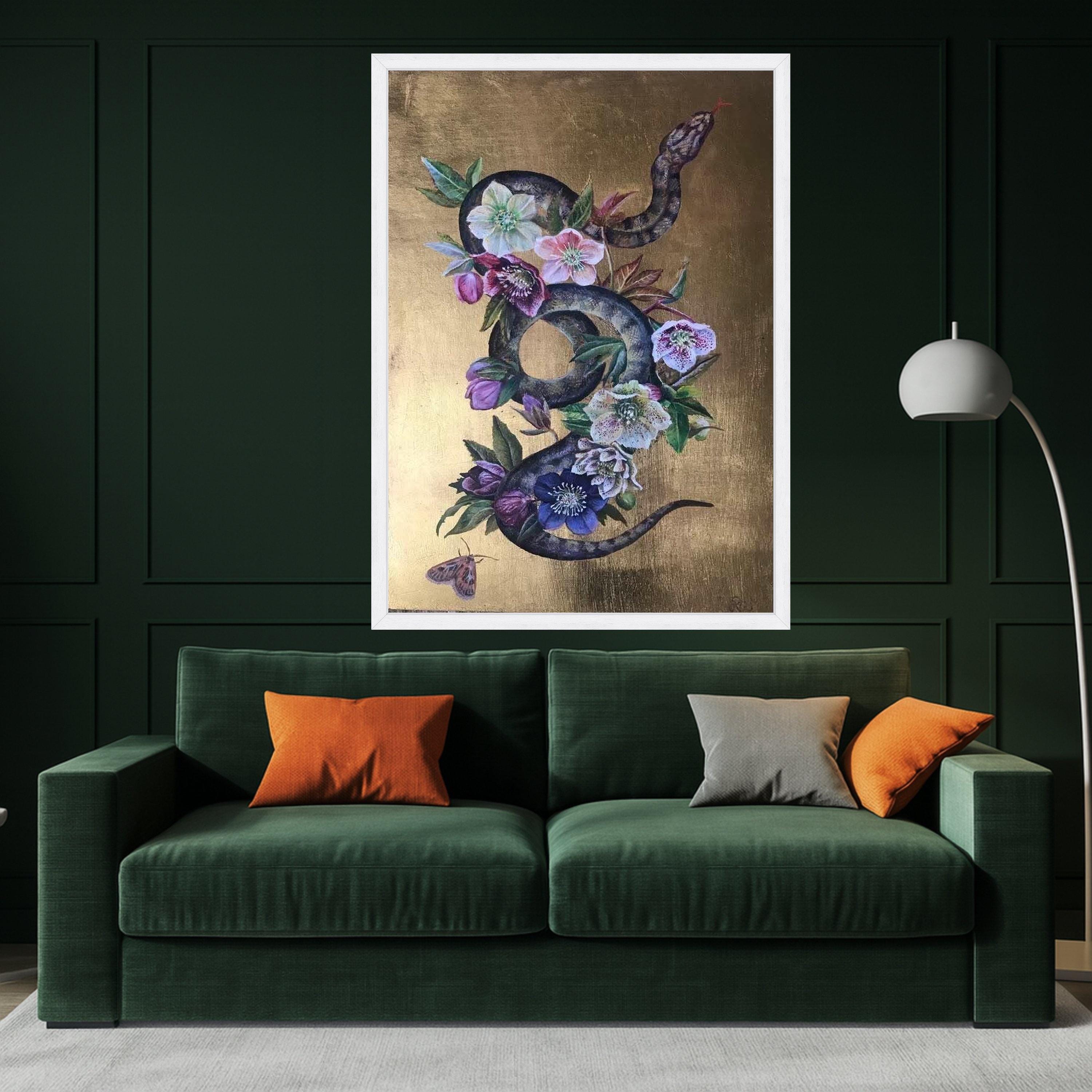 Floral Snake Canvas Print – Dark Botanical Wall Art, Gothic Wall Decor, Ready to Hang Serpent Wall Decoration