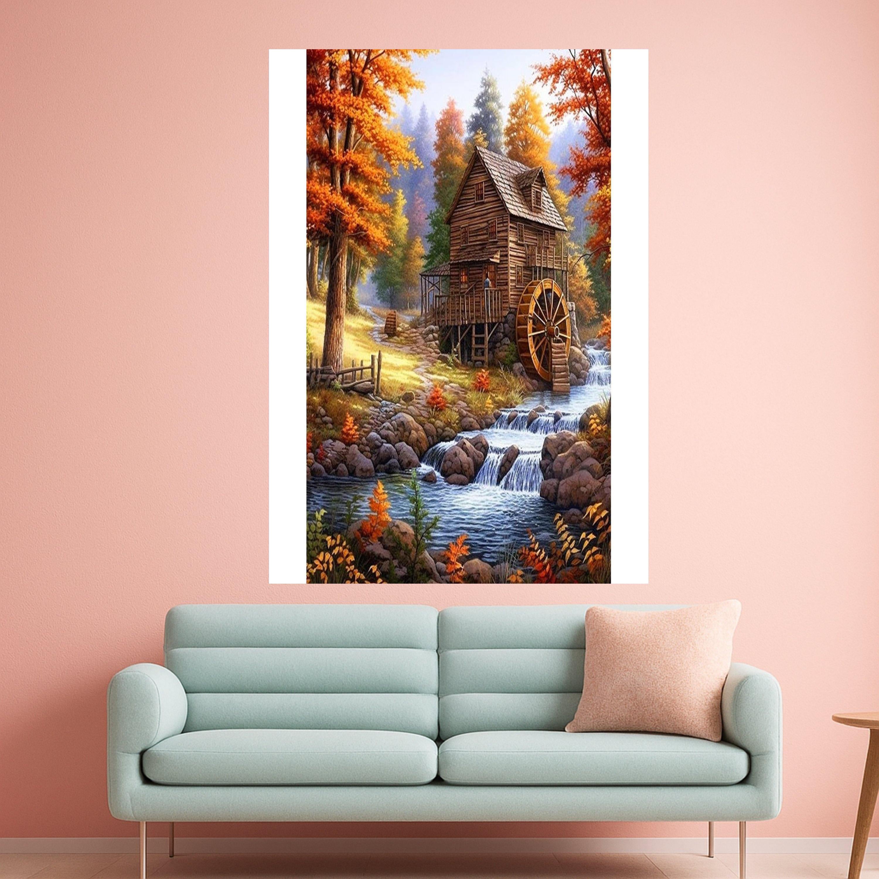 Rustic Autumn Watermill Canvas Print – Country Wall Art, Fall Wall Decor, Ready to Hang Wall Decoration