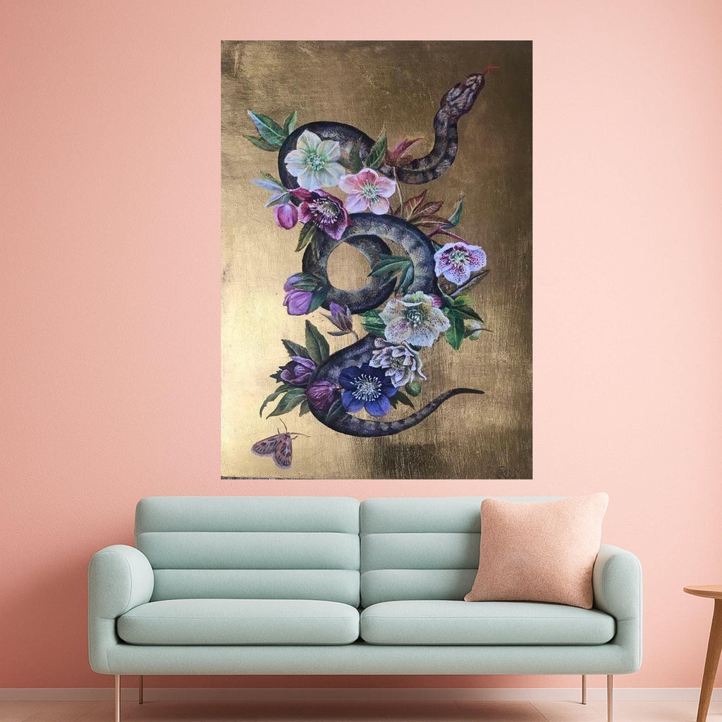 Floral Snake Canvas Print – Dark Botanical Wall Art, Gothic Wall Decor, Ready to Hang Serpent Wall Decoration